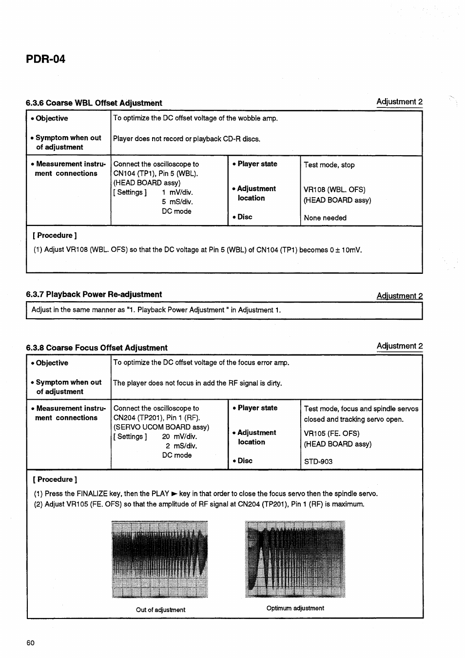 7 playback power re-adjustment, 8 coarse focus offset adjustment, Pdr-04 | Pioneer PDR-04 User Manual | Page 60 / 102