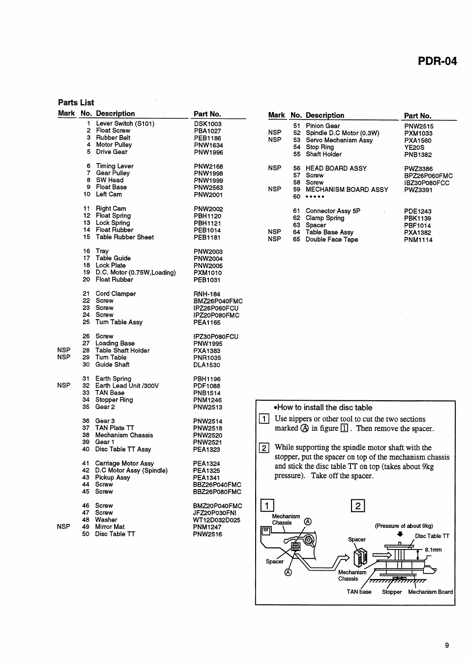 Parts list, Pdr-04 | Pioneer PDR-04 User Manual | Page 9 / 102