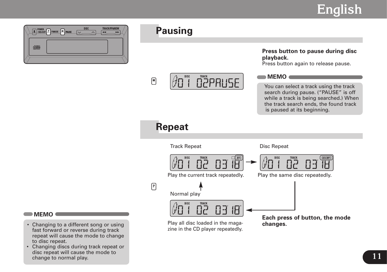 Repeat, Pausing, English | Pausing repeat | Pioneer CDX-FM673 User Manual | Page 11 / 27