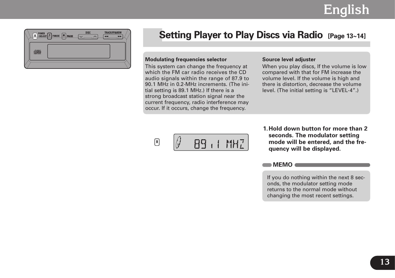 Modulation freq, Setting player to play discs via radio, English | Pioneer CDX-FM673 User Manual | Page 13 / 27