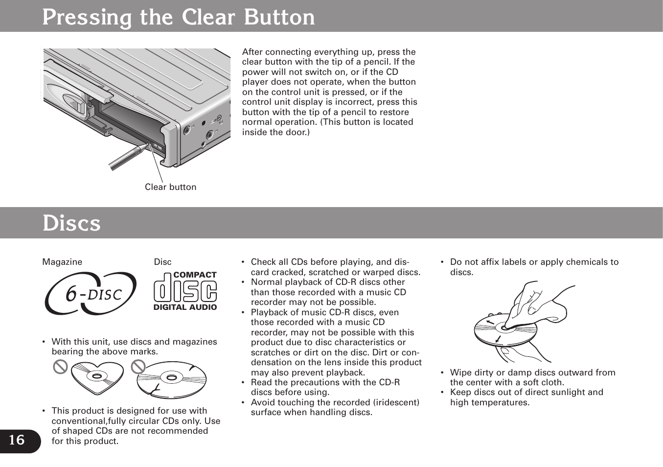 Reset, Pressing the clear button, Discs | Pioneer CDX-FM673 User Manual | Page 16 / 27