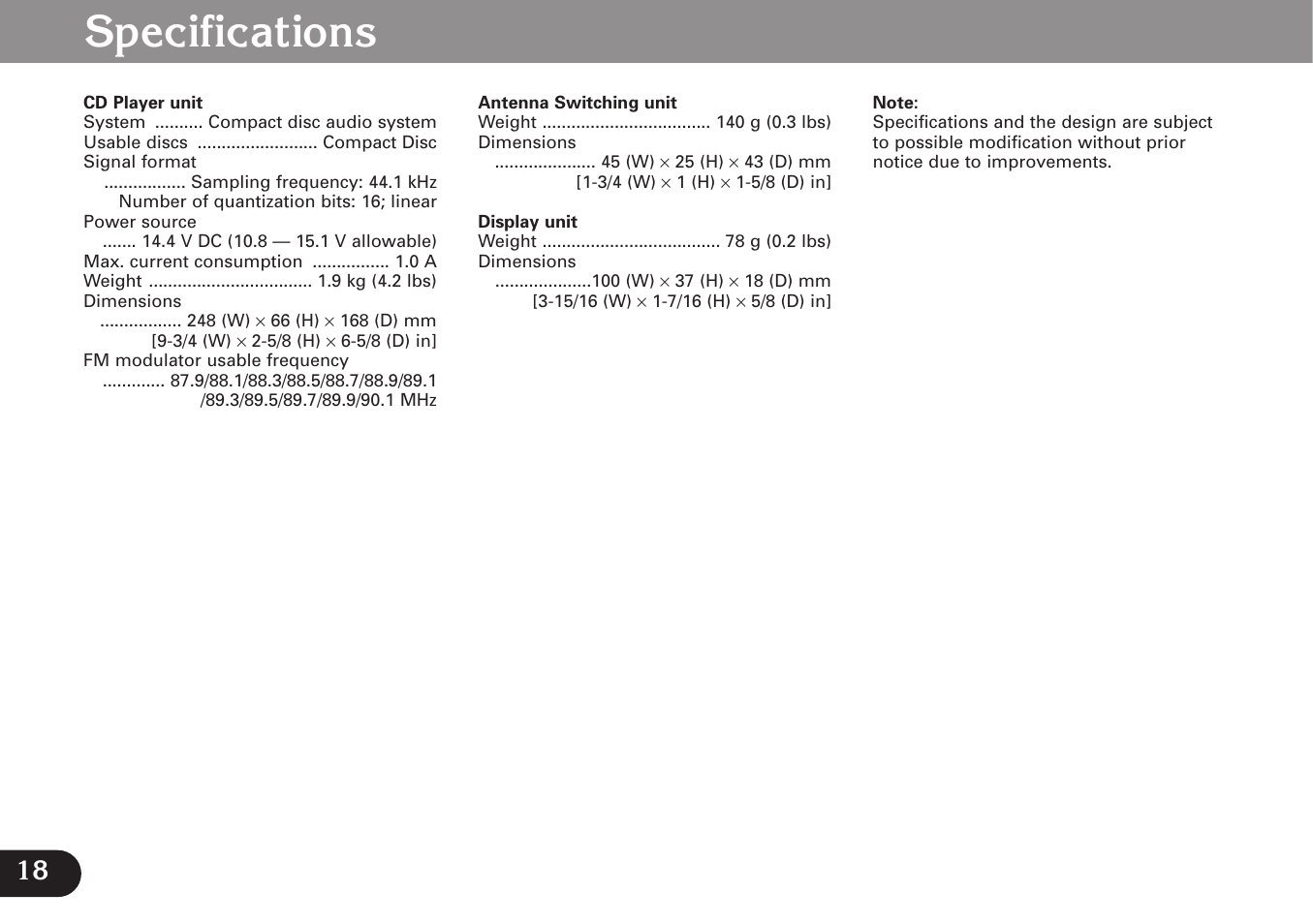 Specs, Specifications | Pioneer CDX-FM673 User Manual | Page 18 / 27