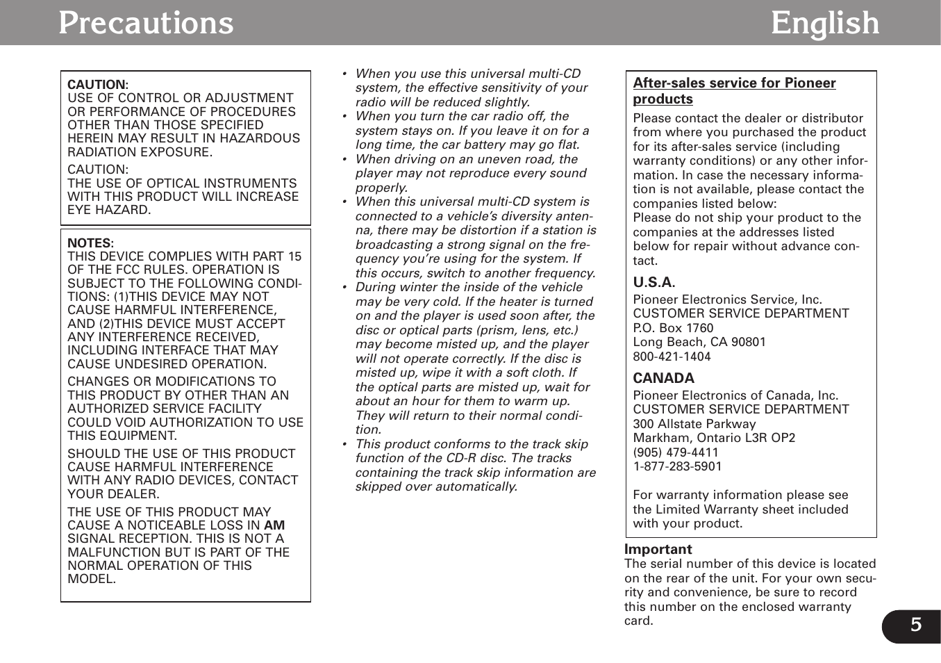 Precautions, Precautions english | Pioneer CDX-FM673 User Manual | Page 5 / 27