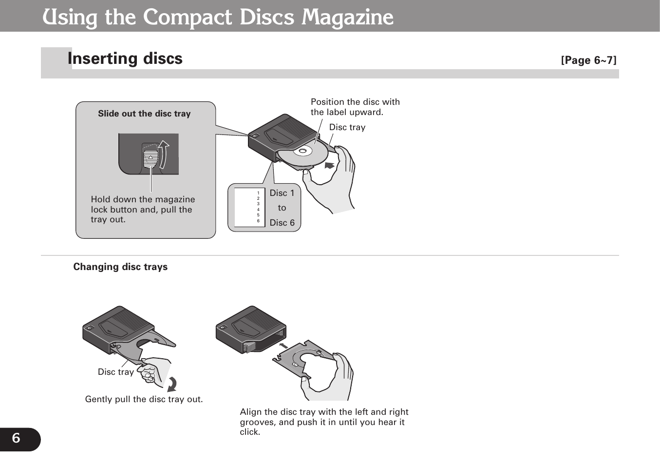 Inserting discs, Using the compact discs magazine ~8, Using the compact discs magazine | Pioneer CDX-FM673 User Manual | Page 6 / 27