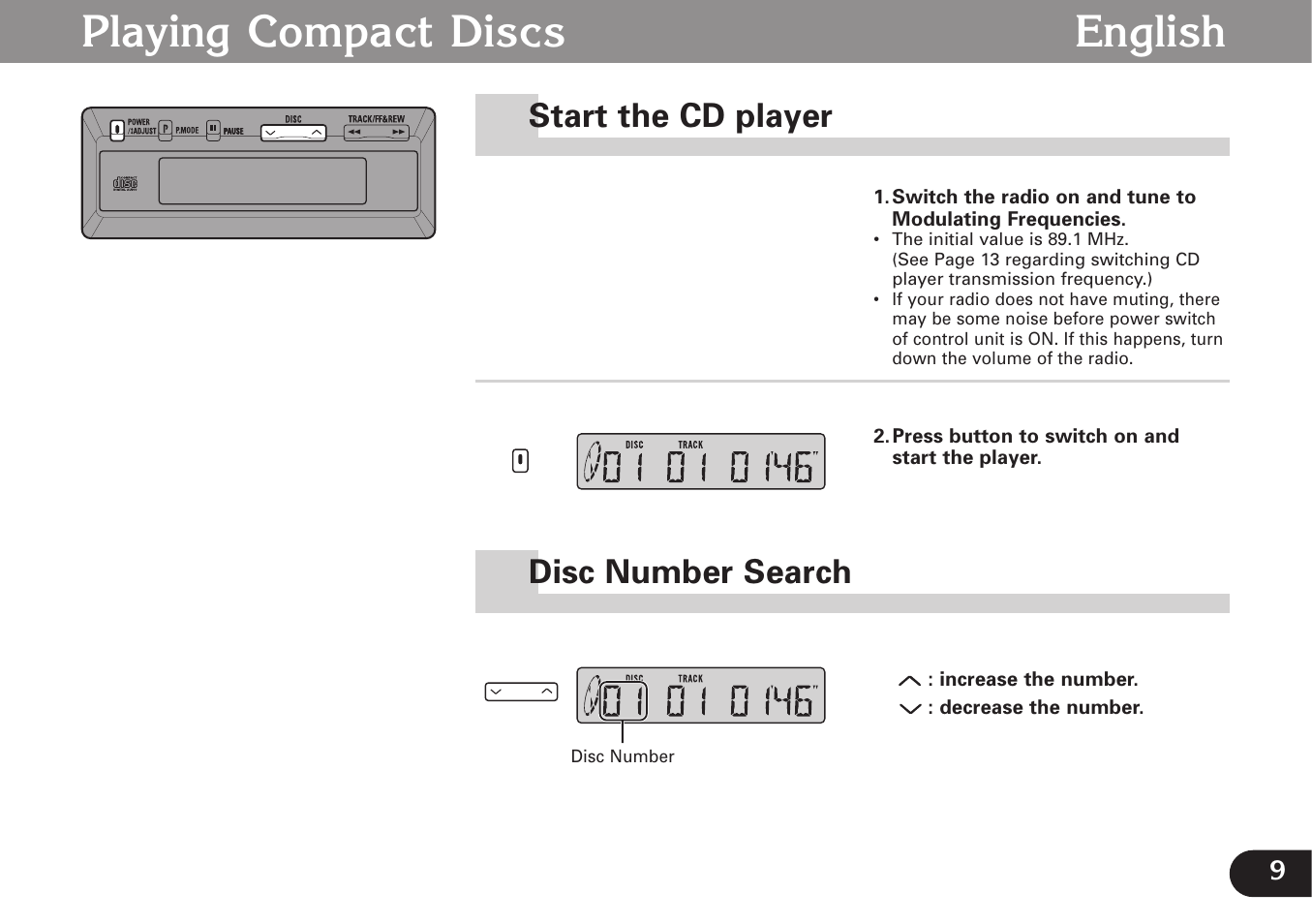 Cd play, Playing compact discs ~15, Start the cd player | Disc number search, Playing compact discs english, Start the cd player disc number search | Pioneer CDX-FM673 User Manual | Page 9 / 27