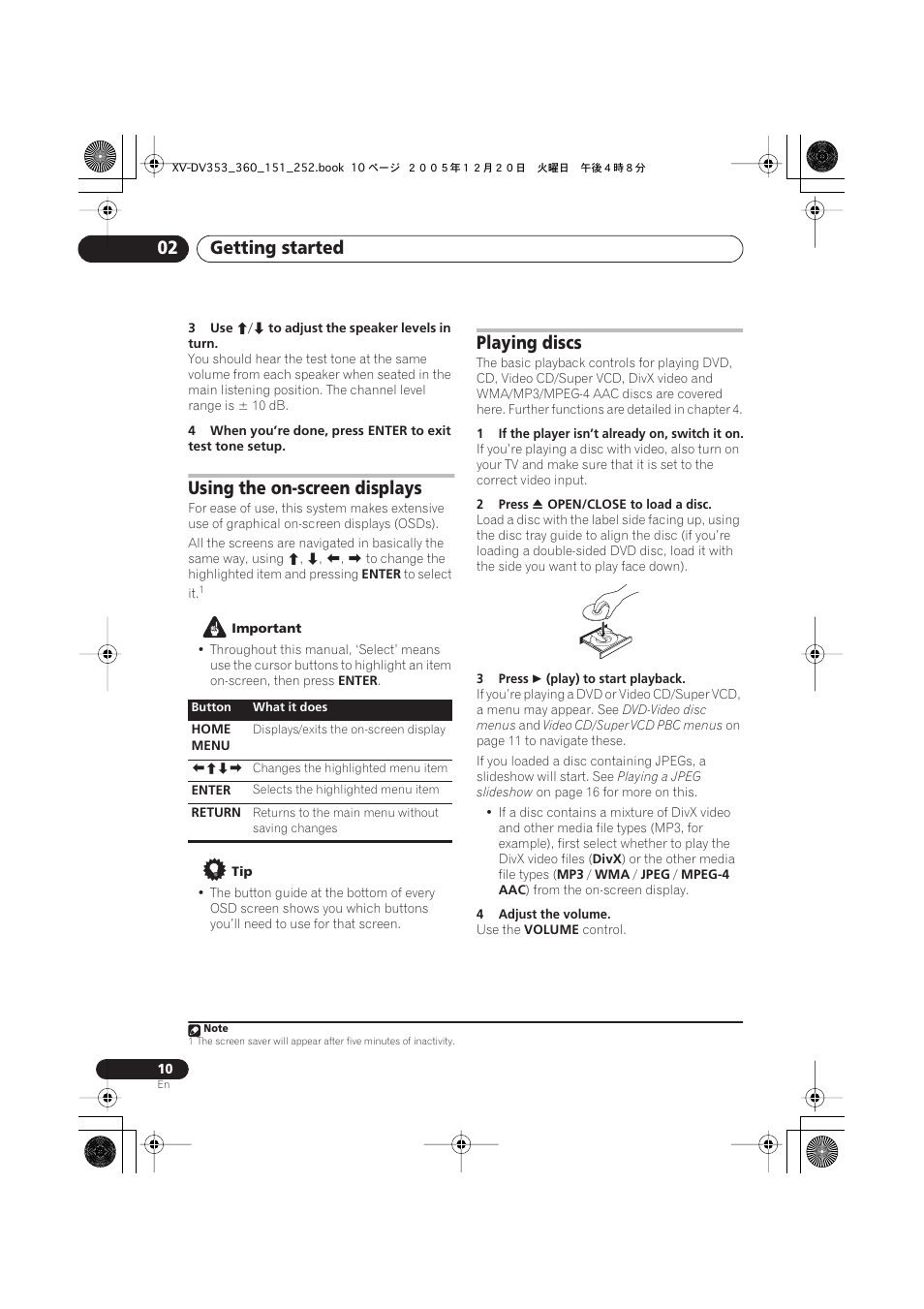 Getting started 02, Using the on-screen displays, Playing discs | Pioneer DCS-353 User Manual | Page 10 / 48