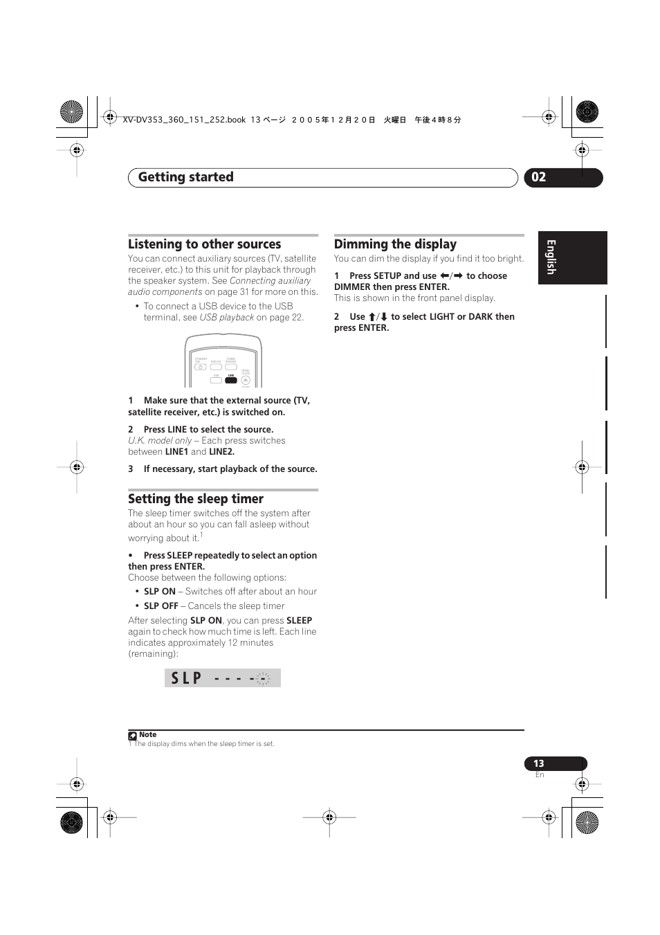 S l p, Getting started 02, Listening to other sources | Setting the sleep timer, Dimming the display | Pioneer DCS-353 User Manual | Page 13 / 48