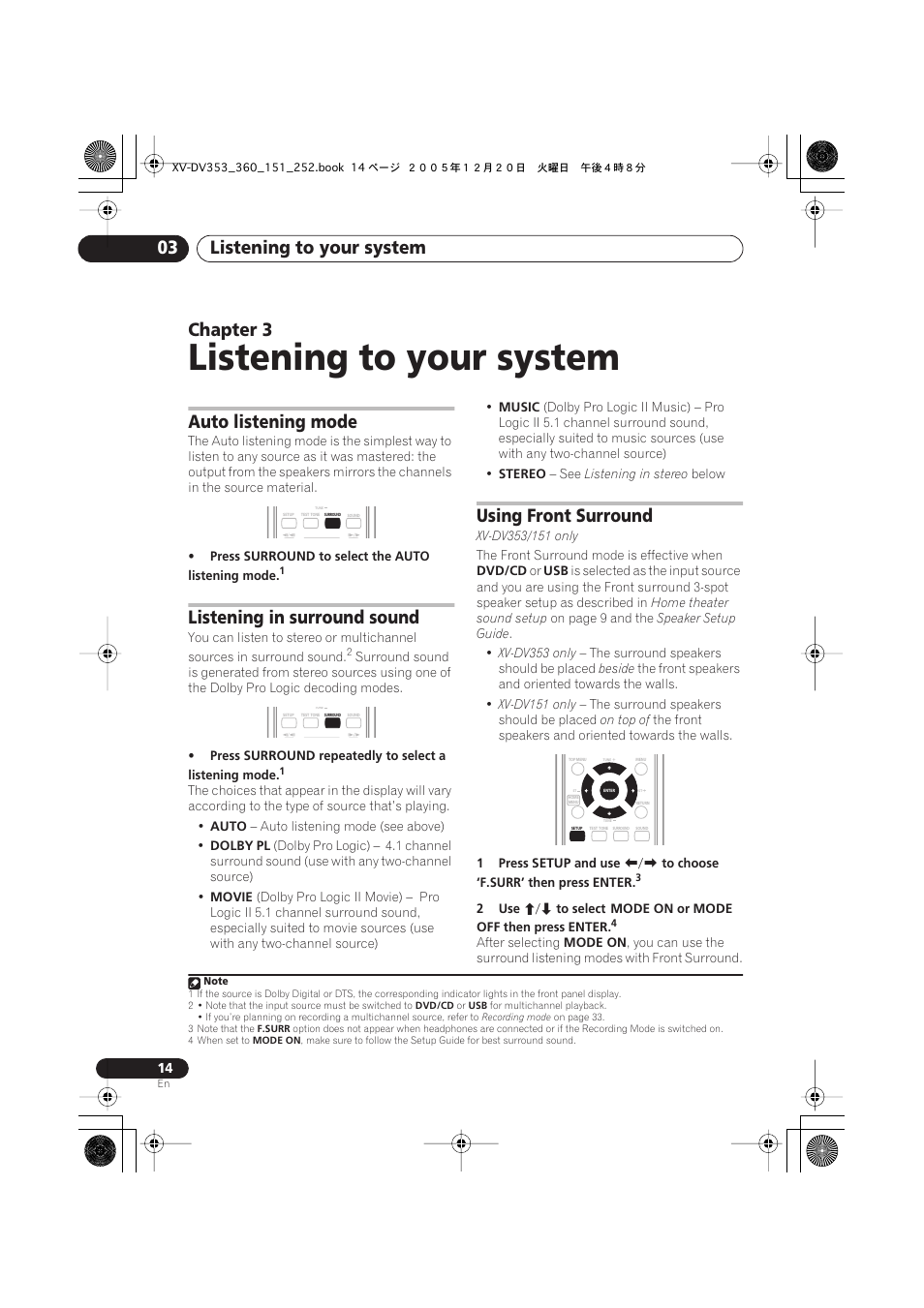 Listening to your system, Listening to your system 03, Chapter 3 | Auto listening mode, Listening in surround sound, Using front surround | Pioneer DCS-353 User Manual | Page 14 / 48