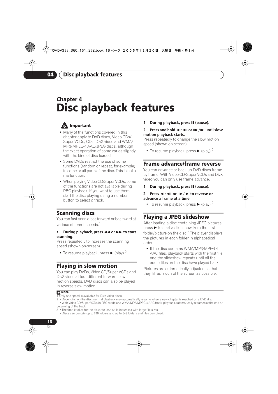 Disc playback features, Disc playback features 04, Chapter 4 | Scanning discs, Playing in slow motion, Frame advance/frame reverse, Playing a jpeg slideshow | Pioneer DCS-353 User Manual | Page 16 / 48