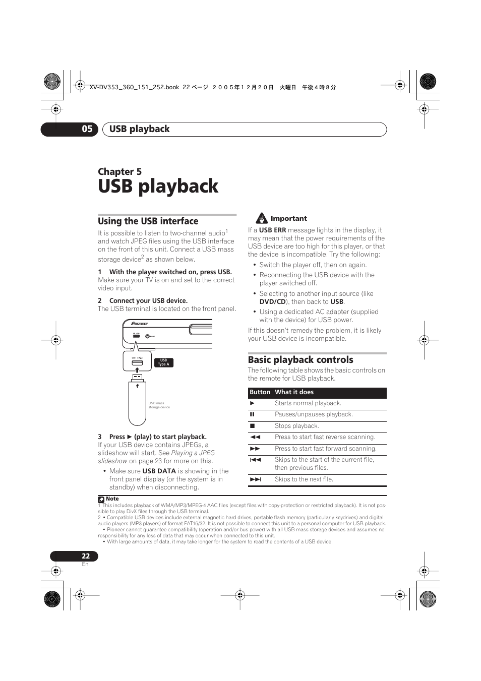 Usb playback, Usb playback 05, Chapter 5 | Using the usb interface, Basic playback controls | Pioneer DCS-353 User Manual | Page 22 / 48