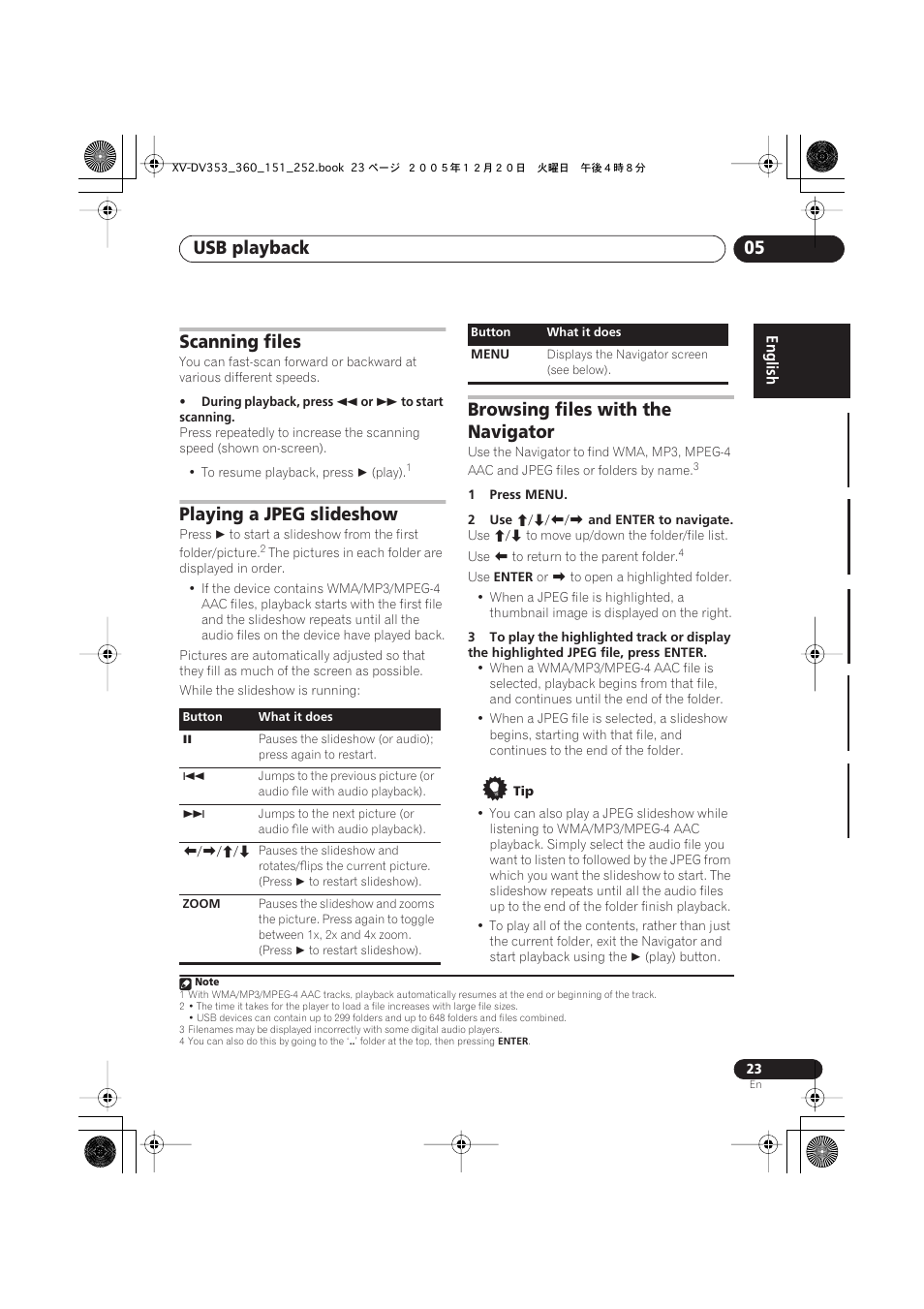 Usb playback 05, Scanning files, Playing a jpeg slideshow | Browsing files with the navigator | Pioneer DCS-353 User Manual | Page 23 / 48