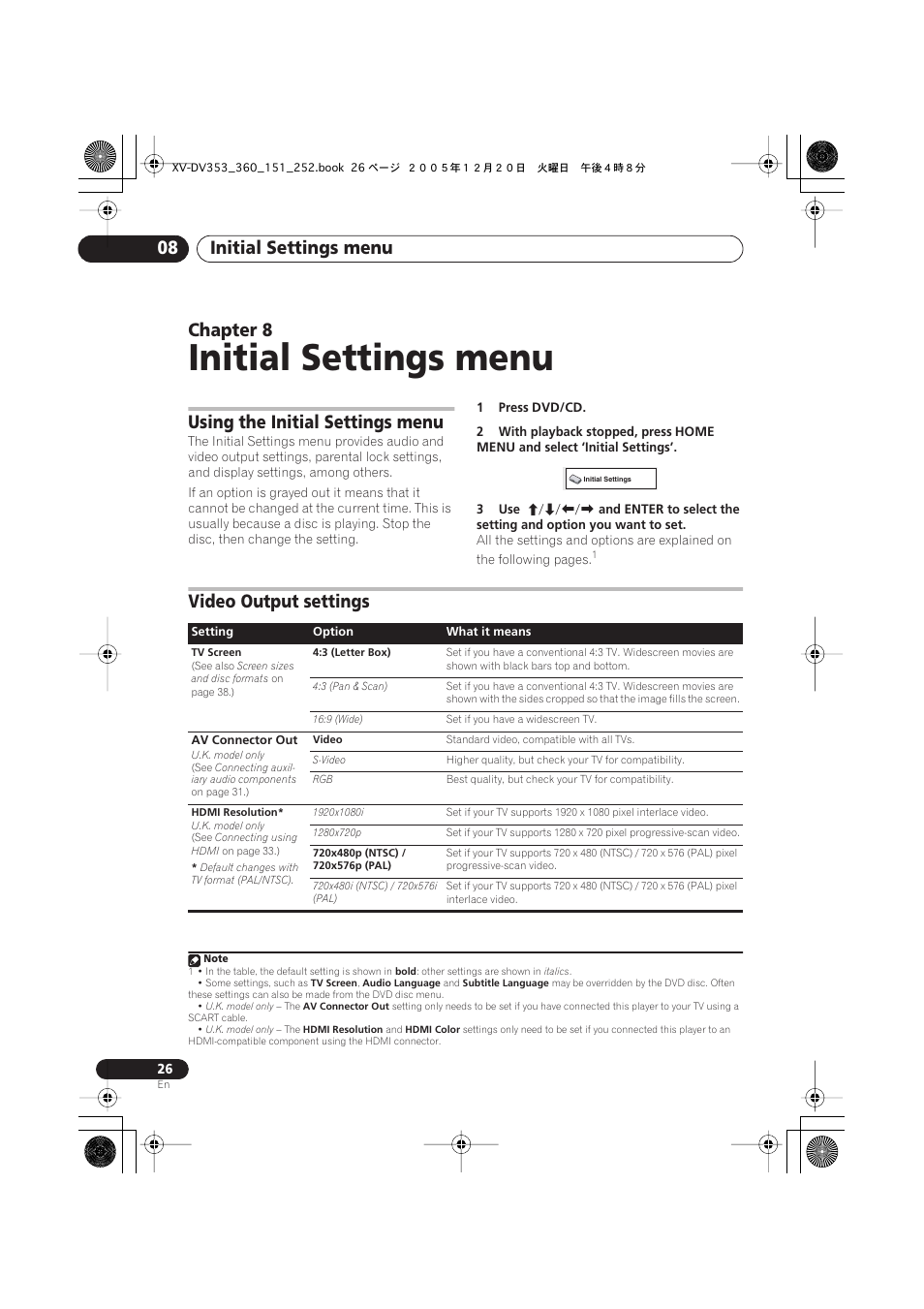 Initial settings menu, Initial settings menu 08, Chapter 8 | Using the initial settings menu, Video output settings | Pioneer DCS-353 User Manual | Page 26 / 48