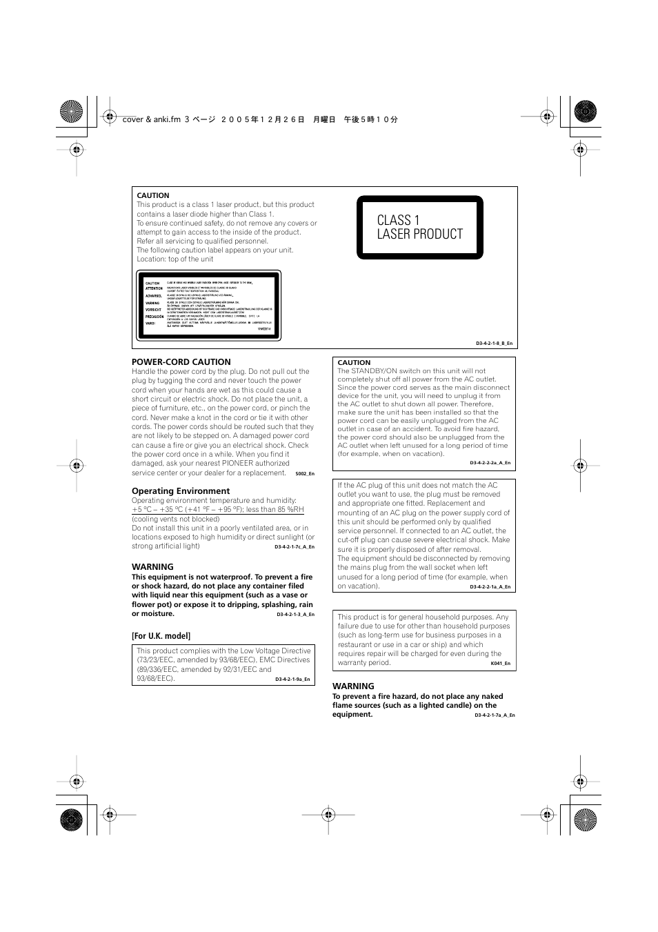 Class 1 laser product | Pioneer DCS-353 User Manual | Page 3 / 48