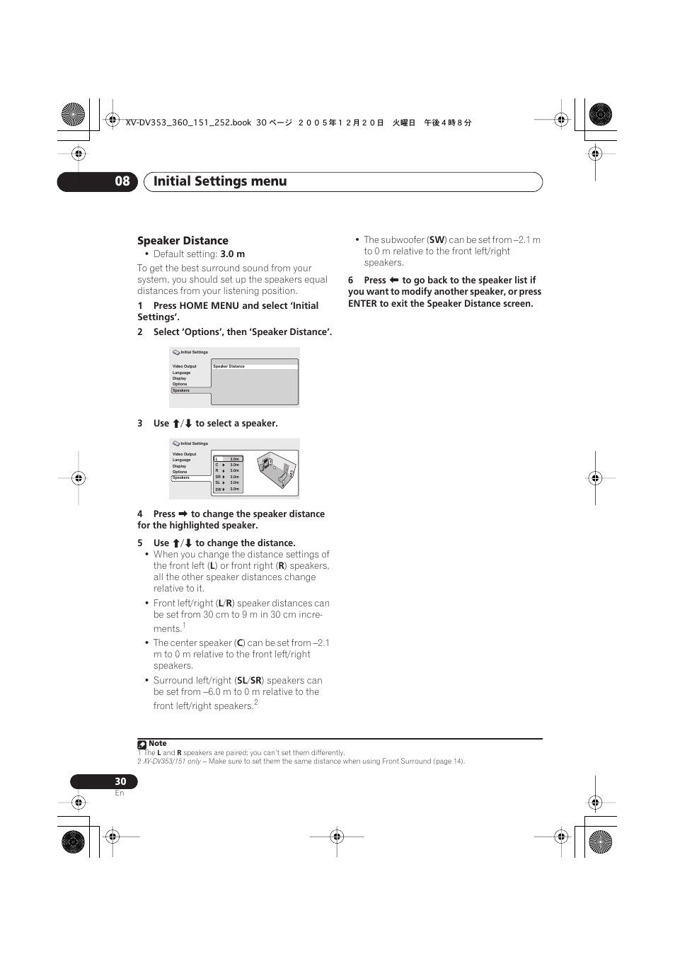 Initial settings menu 08, Speaker distance | Pioneer DCS-353 User Manual | Page 30 / 48