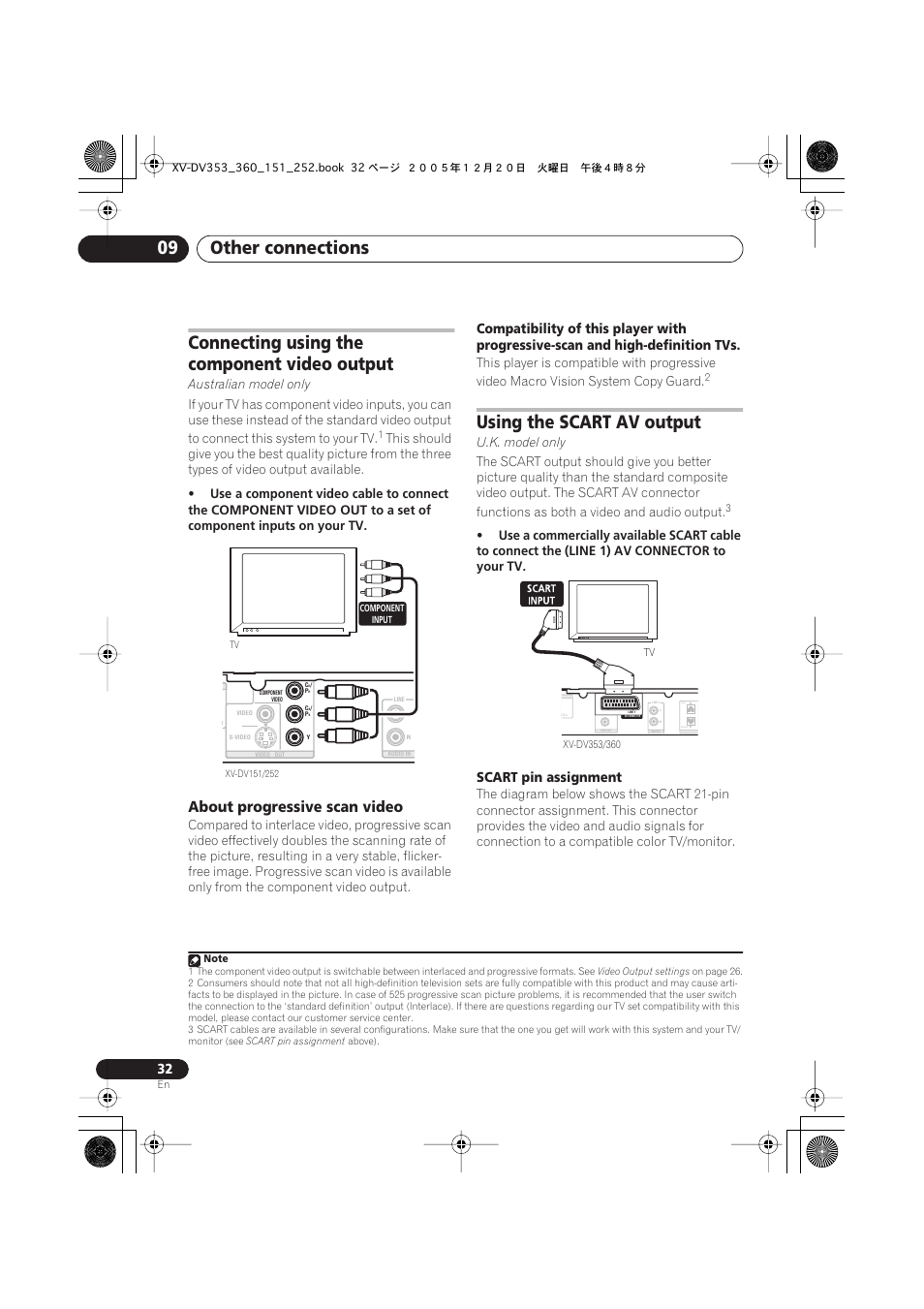 Other connections 09, Connecting using the component video output, Using the scart av output | About progressive scan video, Scart pin assignment, Front surround | Pioneer DCS-353 User Manual | Page 32 / 48