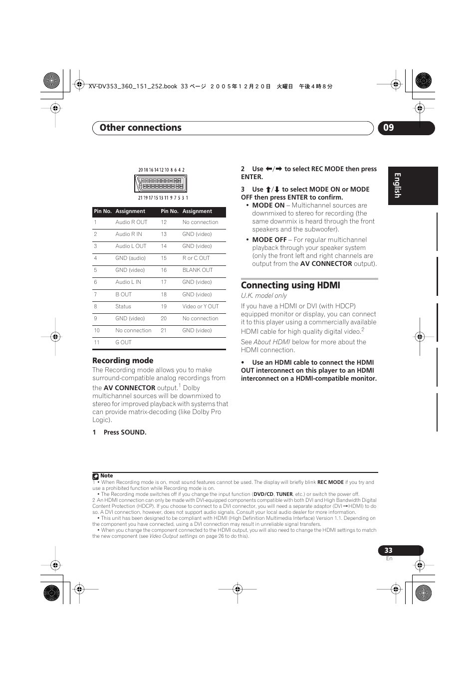 Other connections 09, Connecting using hdmi, Recording mode | Pioneer DCS-353 User Manual | Page 33 / 48