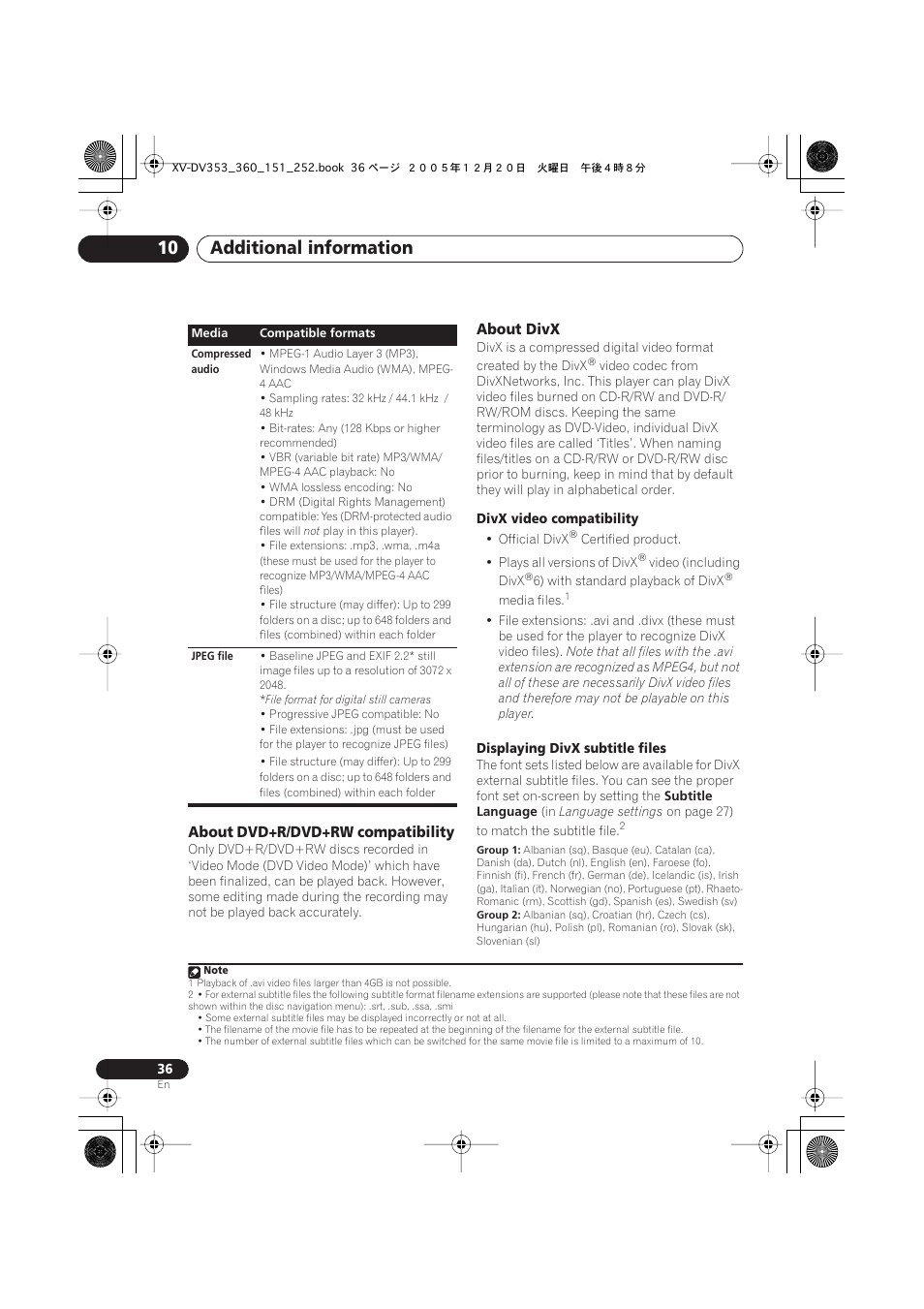 Additional information 10, About dvd+r/dvd+rw compatibility, About divx | Pioneer DCS-353 User Manual | Page 36 / 48