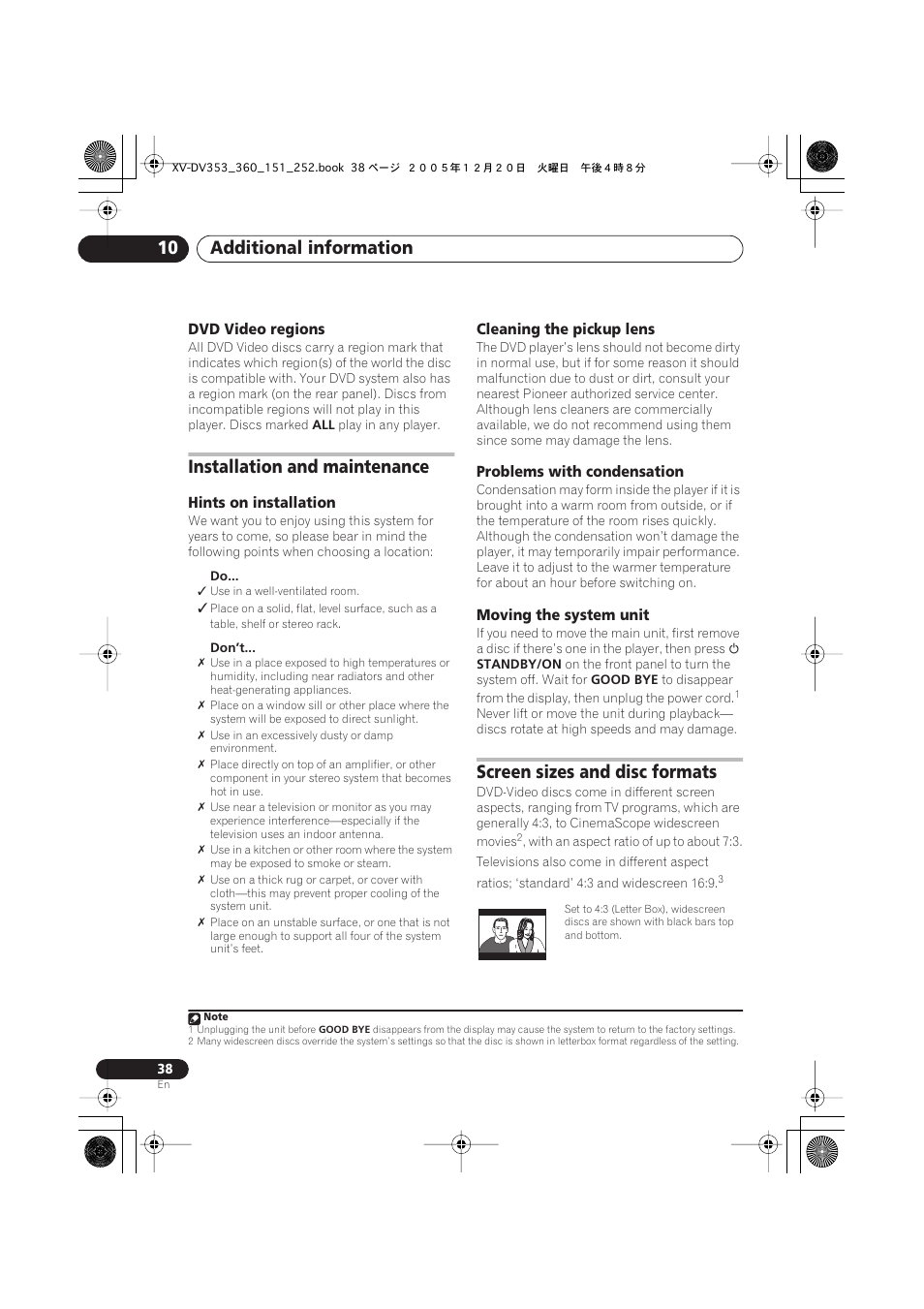 Installation and maintenance, Hints on installation, Cleaning the pickup lens | Problems with condensation, Moving the system unit, Screen sizes and disc formats, Additional information 10 | Pioneer DCS-353 User Manual | Page 38 / 48