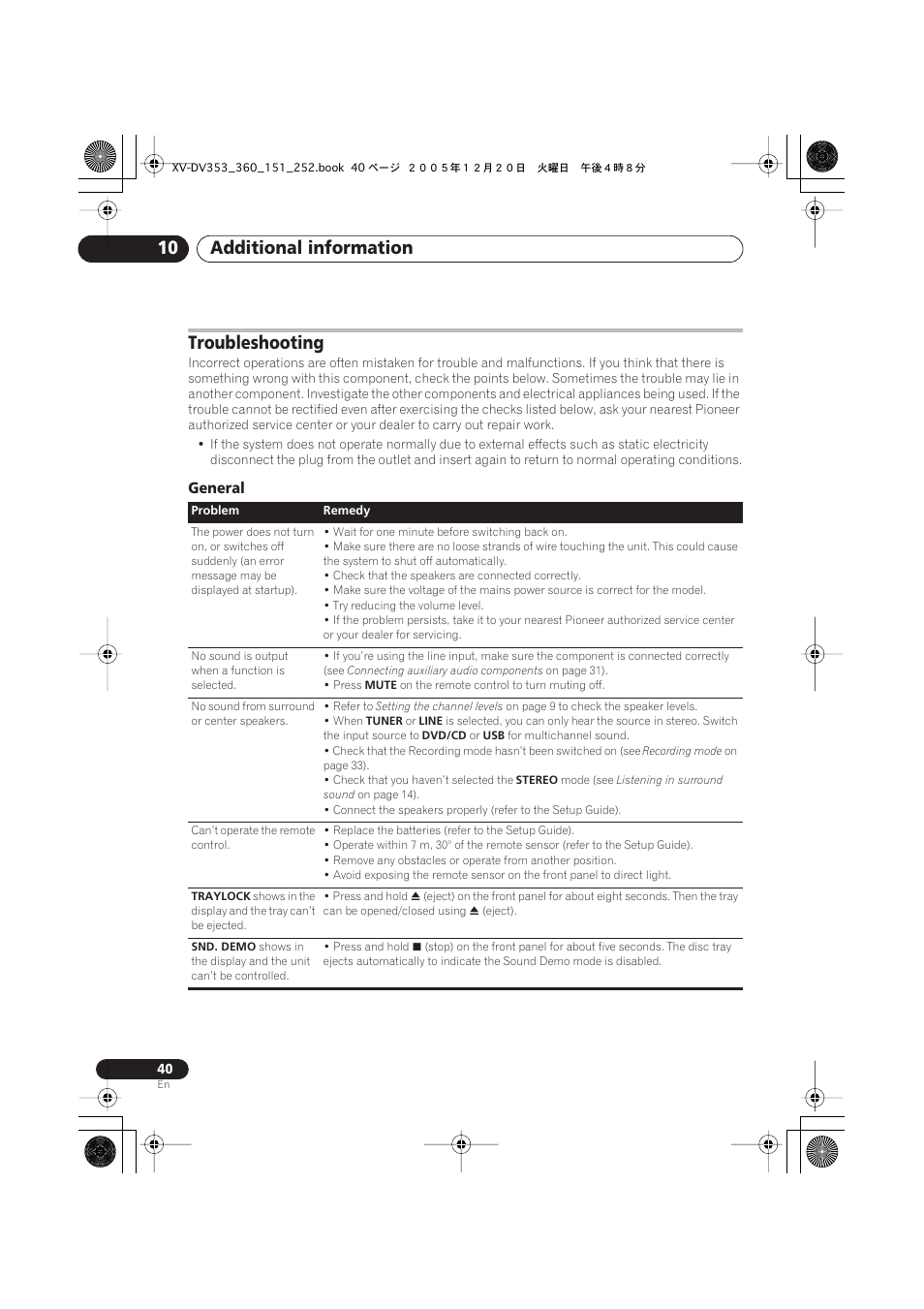 Troubleshooting, General, Additional information 10 | Pioneer DCS-353 User Manual | Page 40 / 48