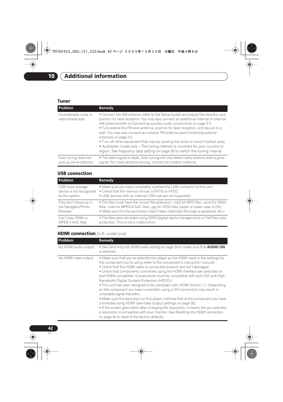 Tuner, Usb connection, Hdmi connection | U.k. model only), Additional information 10, Tuner usb connection hdmi connection | Pioneer DCS-353 User Manual | Page 42 / 48