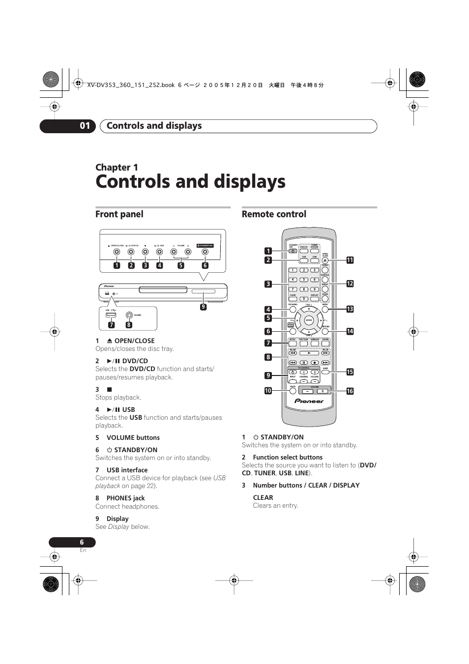 Controls and displays, Controls and displays 01, Chapter 1 | Front panel, Remote control | Pioneer DCS-353 User Manual | Page 6 / 48