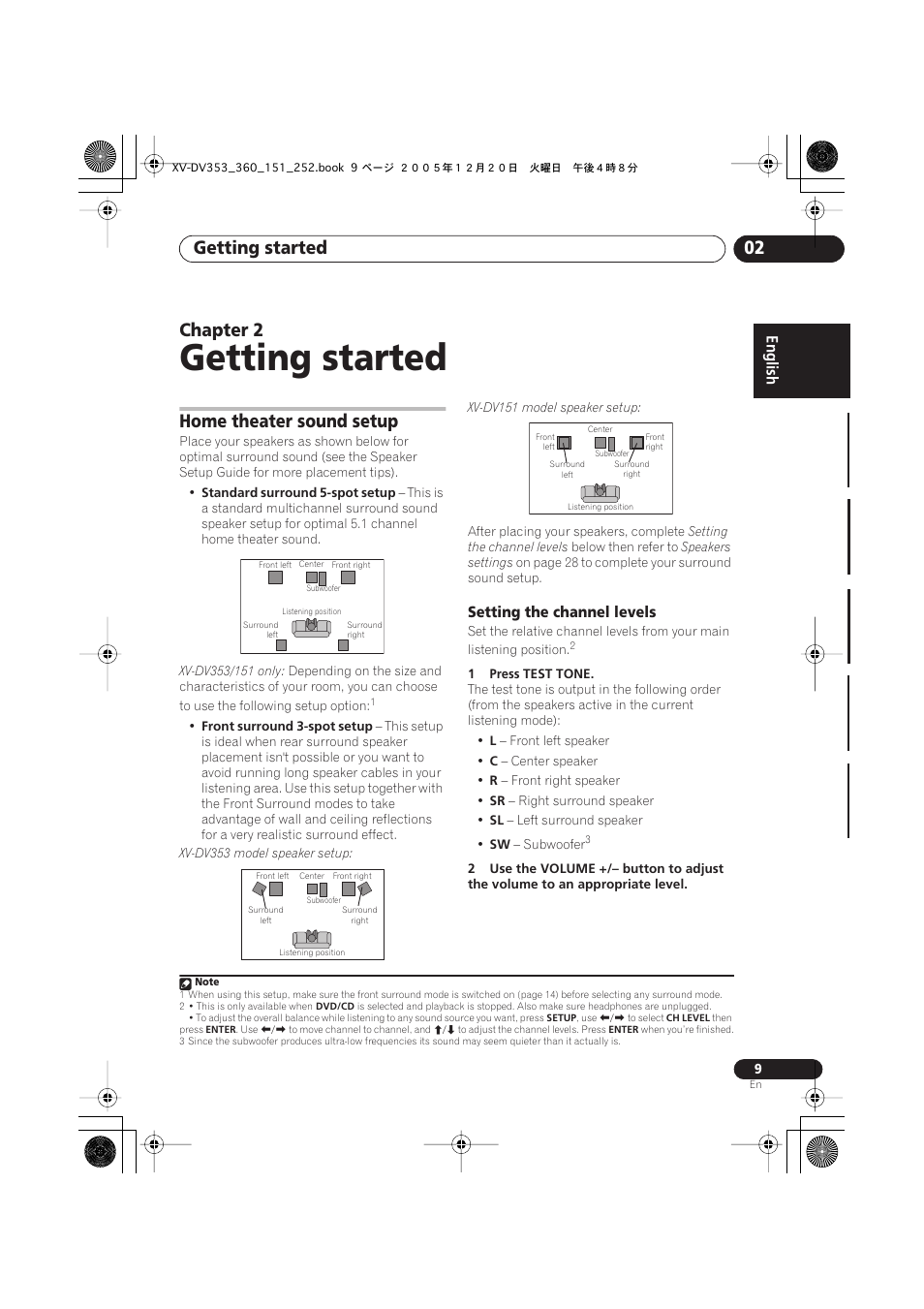 Getting started, Getting started 02, Chapter 2 | Home theater sound setup, Setting the channel levels | Pioneer DCS-353 User Manual | Page 9 / 48