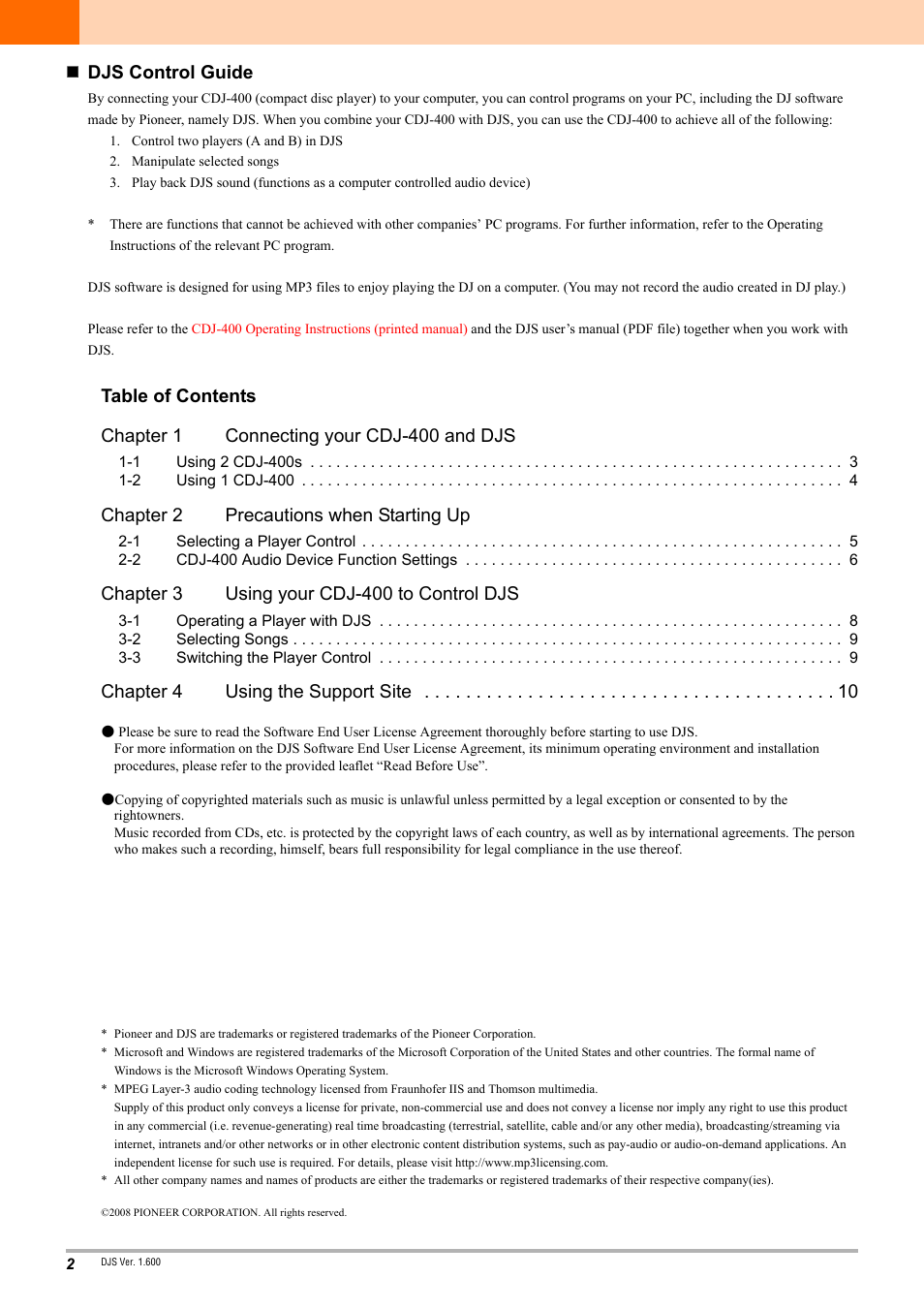 Djs control guide, Chapter 2 precautions when starting up, Chapter 3 using your cdj-400 to control djs | Chapter 4 using the support site | Pioneer DJS CDJ-400 User Manual | Page 2 / 10