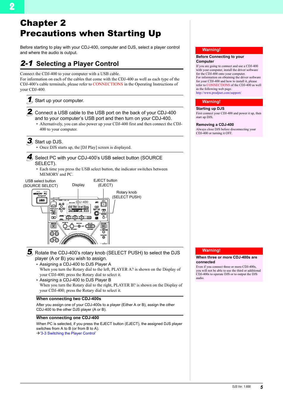 Chapter 2 precautions when starting up, 1 selecting a player control, Selecting a player control | Pioneer DJS CDJ-400 User Manual | Page 5 / 10