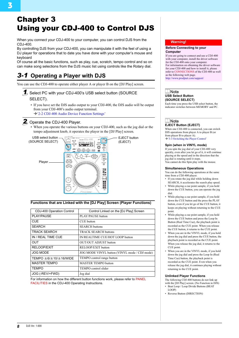 Chapter 3 using your cdj-400 to control djs, 1 operating a player with djs, Operating a player with djs | Pioneer DJS CDJ-400 User Manual | Page 8 / 10