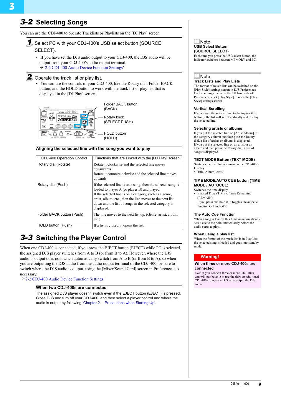 2 selecting songs, 3 switching the player control, 9 3-3 switching the player control | Selecting songs, Switching the player control | Pioneer DJS CDJ-400 User Manual | Page 9 / 10