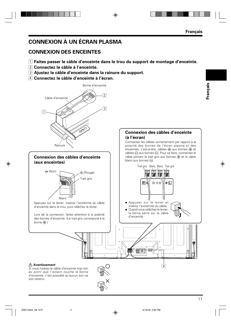 Connexion à un écran plasma, Connexion des enceintes, Français | Connexion des câbles d’enceinte (à l’écran) | Pioneer PDP-S38 User Manual | Page 11 / 38