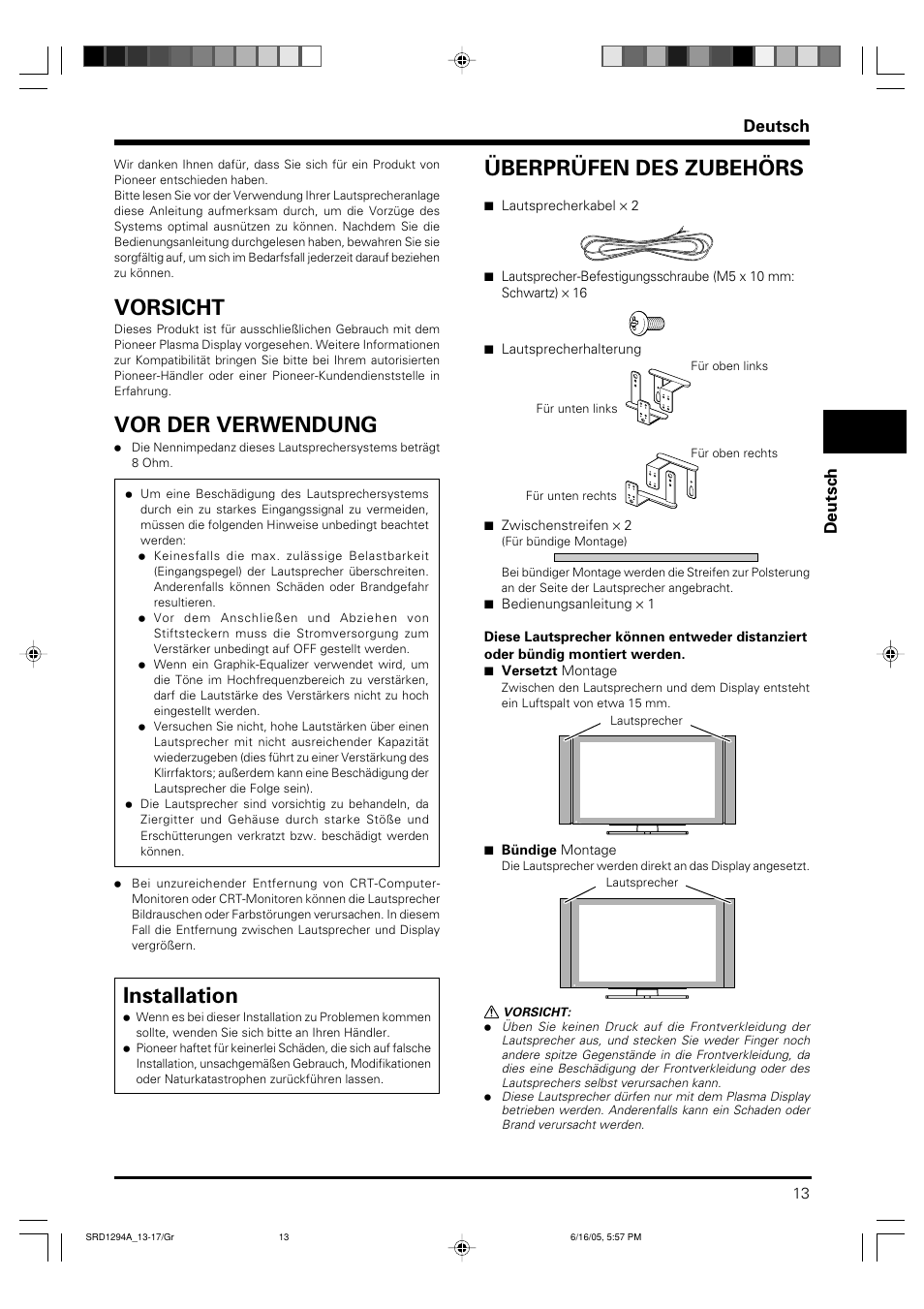 Bedienungsanleitung, Vorsicht, Vor der verwendung | Installation, Überprüfen des zubehörs, Deutsch | Pioneer PDP-S38 User Manual | Page 13 / 38