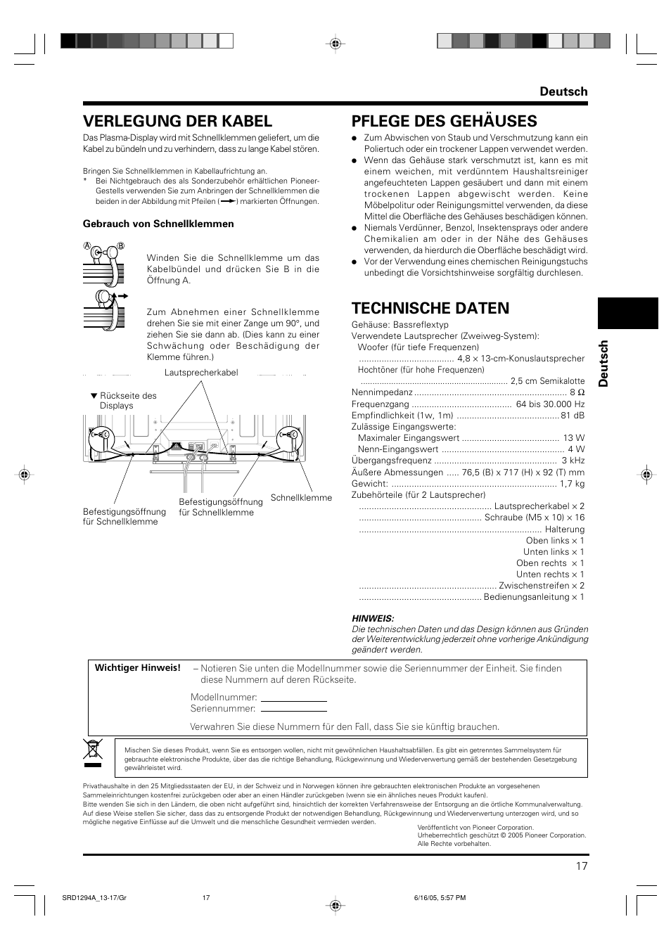 Pflege des gehäuses, Technische daten, Verlegung der kabel | Deutsch | Pioneer PDP-S38 User Manual | Page 17 / 38