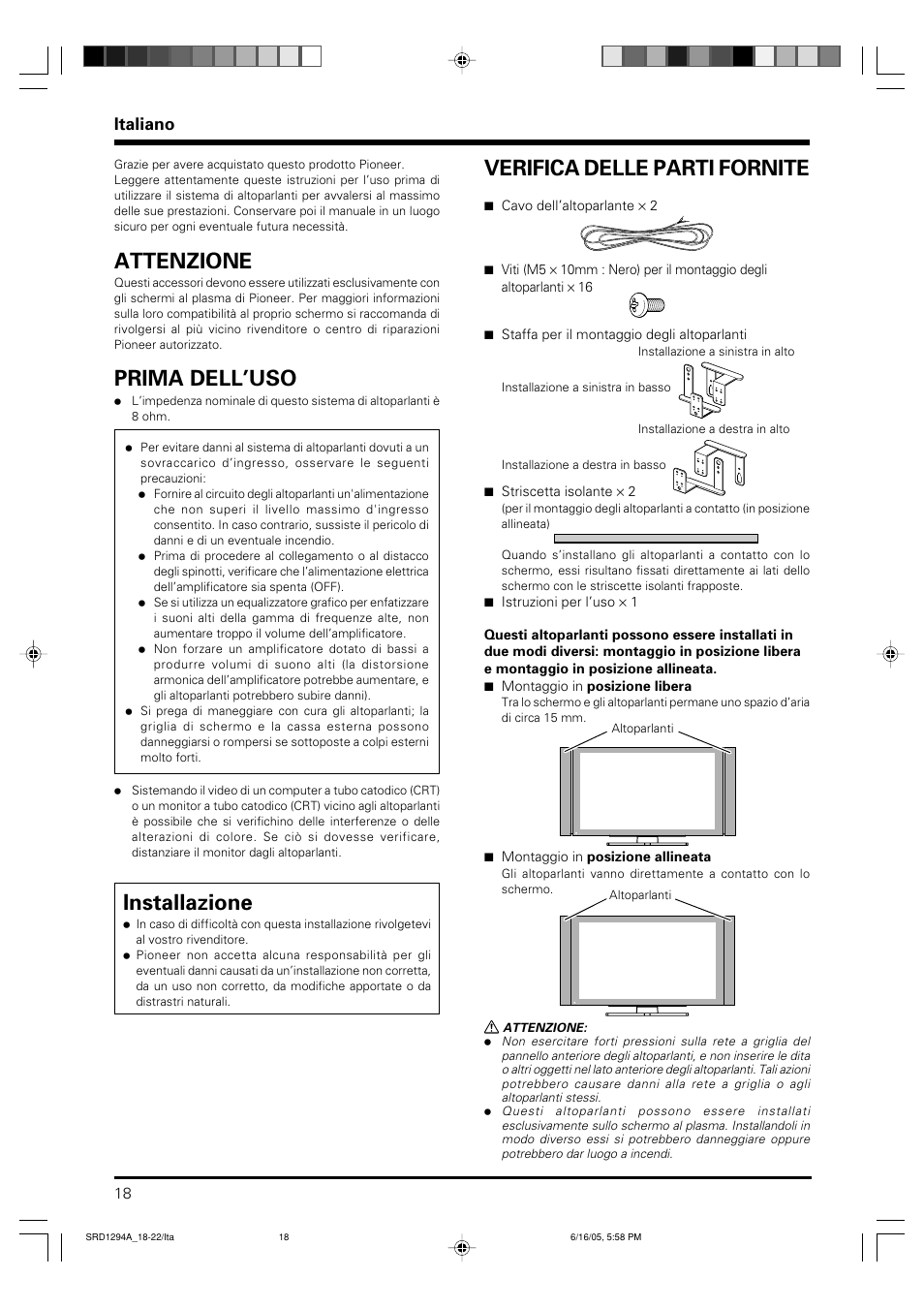 Istruzioni per l’uso, Attenzione, Prima dell’uso | Installazione, Verifica delle parti fornite, Italiano | Pioneer PDP-S38 User Manual | Page 18 / 38