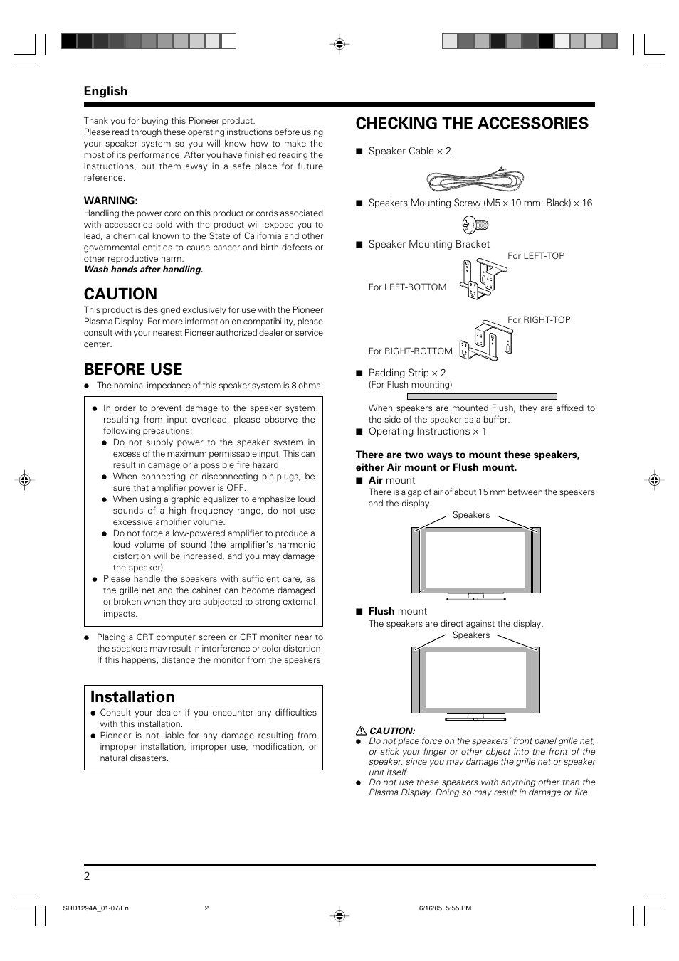 Pdp-s38, Operating instructions, Caution | Before use, Installation, Checking the accessories, English | Pioneer PDP-S38 User Manual | Page 2 / 38