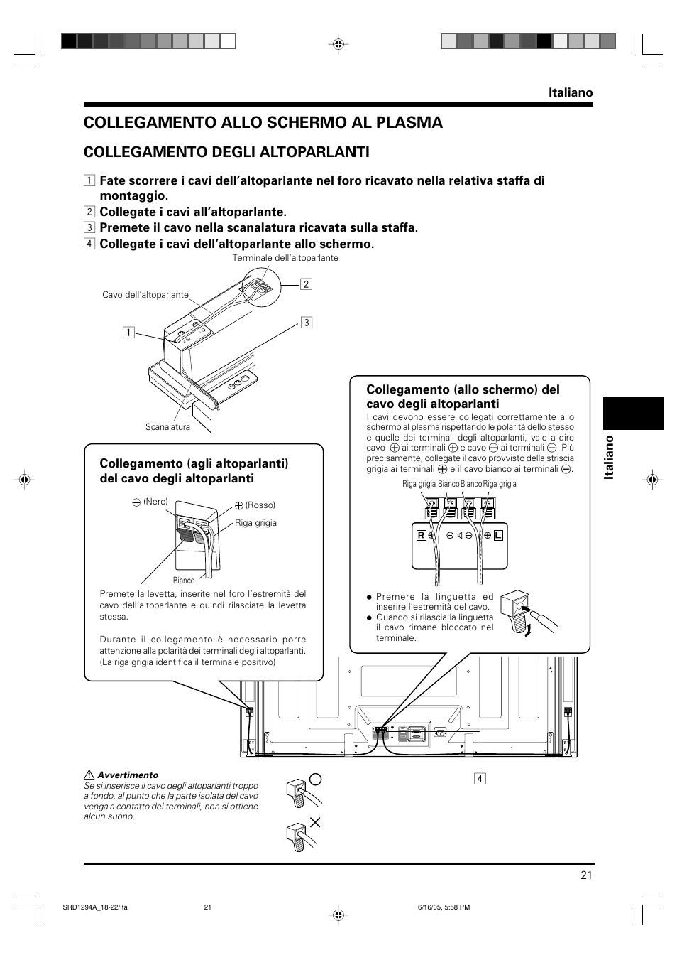 Collegamento allo schermo al plasma, Collegamento degli altoparlanti | Pioneer PDP-S38 User Manual | Page 21 / 38
