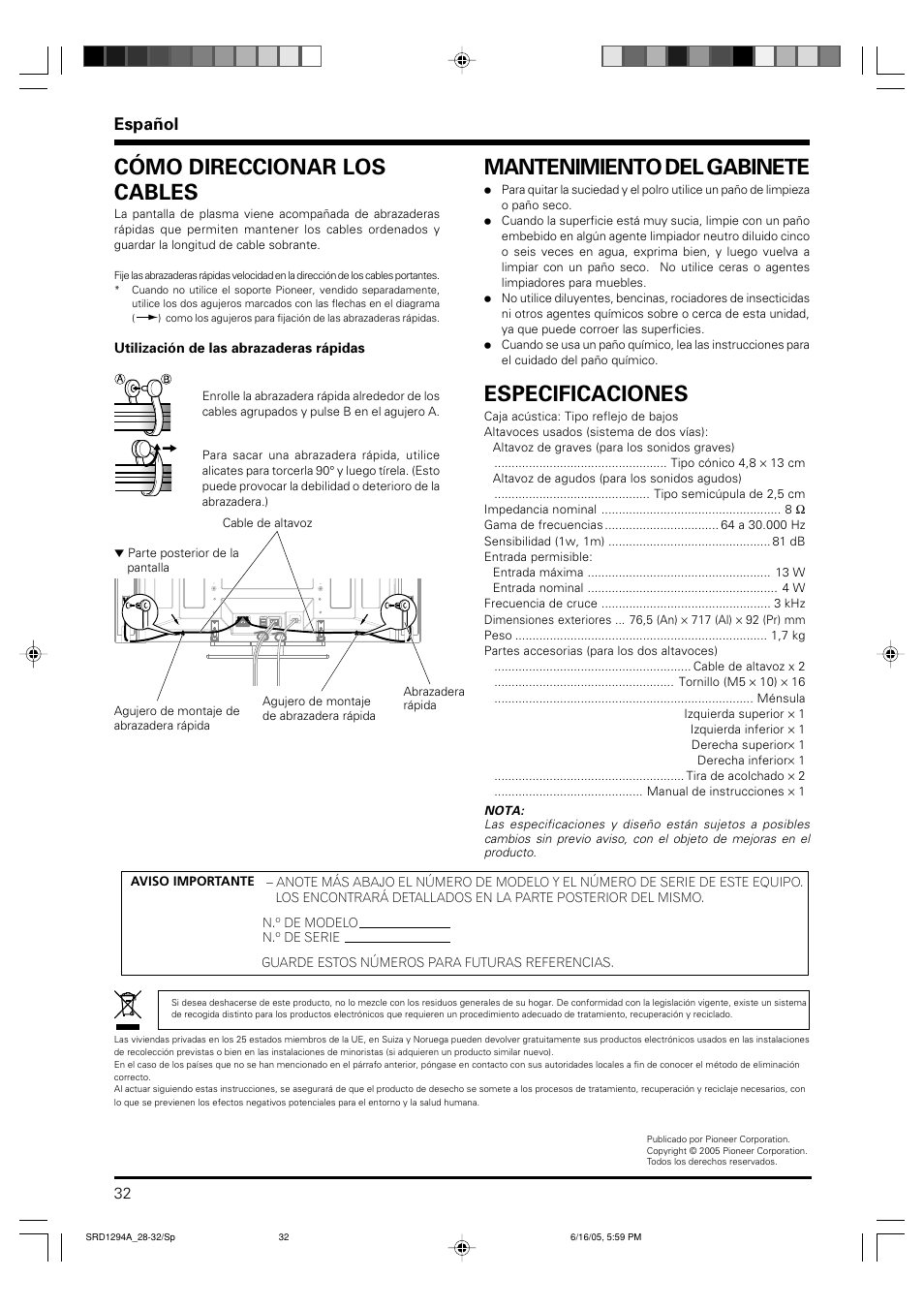 Cómo direccionar los cables, Mantenimiento del gabinete, Especificaciones | Español | Pioneer PDP-S38 User Manual | Page 32 / 38