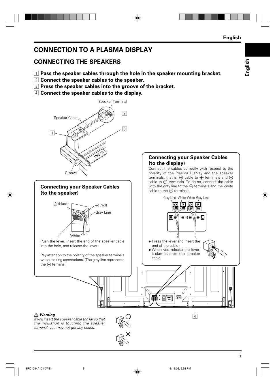 Connection to a plasma display, Connecting the speakers, English | Connecting your speaker cables (to the display) | Pioneer PDP-S38 User Manual | Page 5 / 38
