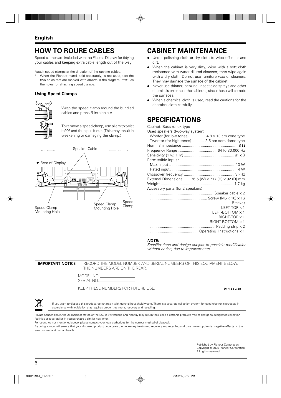 Cabinet maintenance, Specifications, How to roure cables | English | Pioneer PDP-S38 User Manual | Page 6 / 38