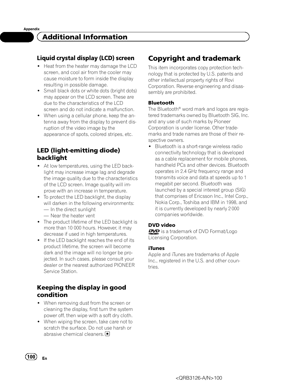 Copyright and trademark, Additional information, Liquid crystal display (lcd) screen | Led (light-emitting diode) backlight, Keeping the display in good condition | Pioneer AVH-P3300BT User Manual | Page 100 / 112