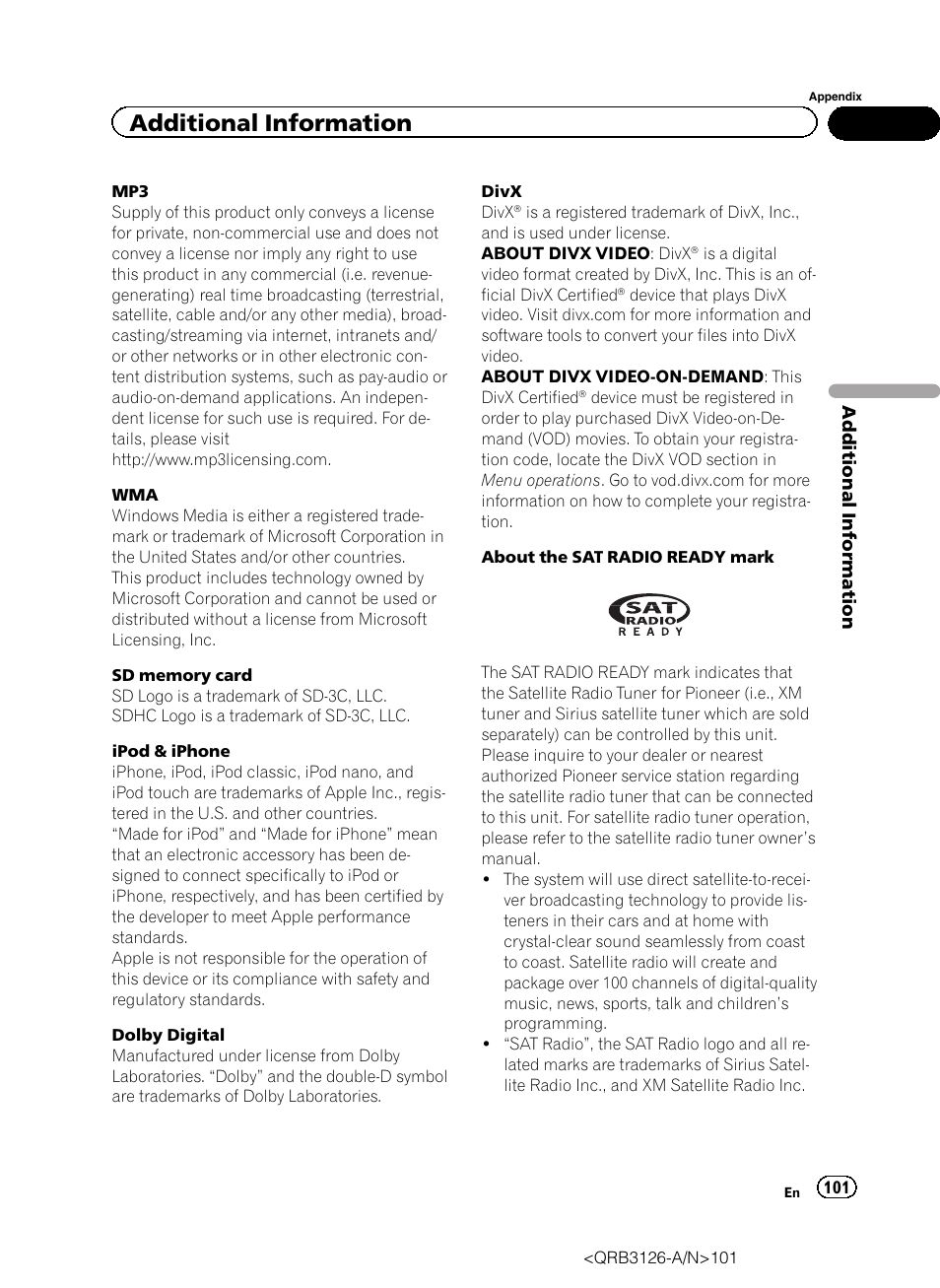 Additional information | Pioneer AVH-P3300BT User Manual | Page 101 / 112