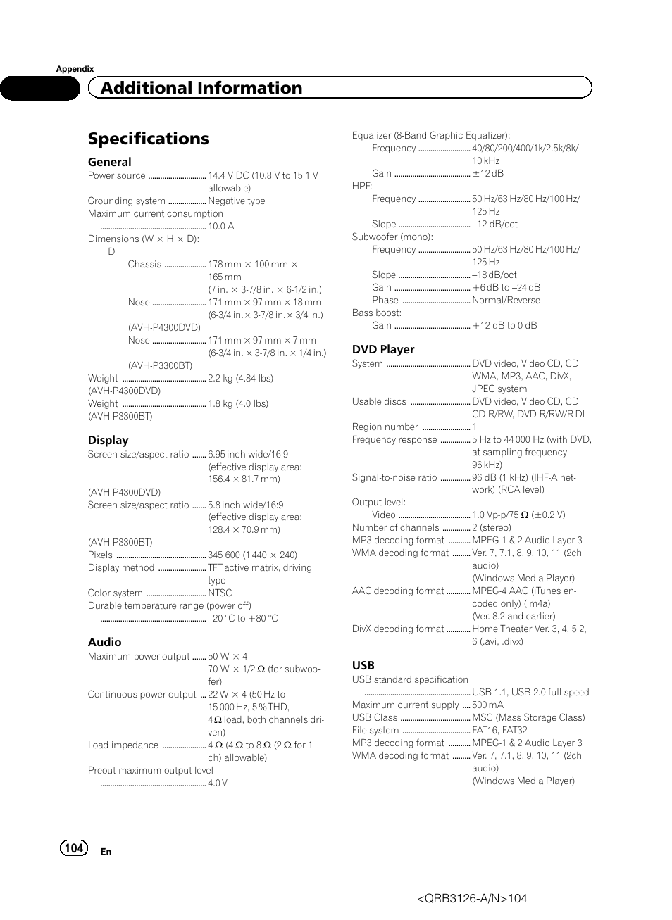 Specifications, Additional information | Pioneer AVH-P3300BT User Manual | Page 104 / 112