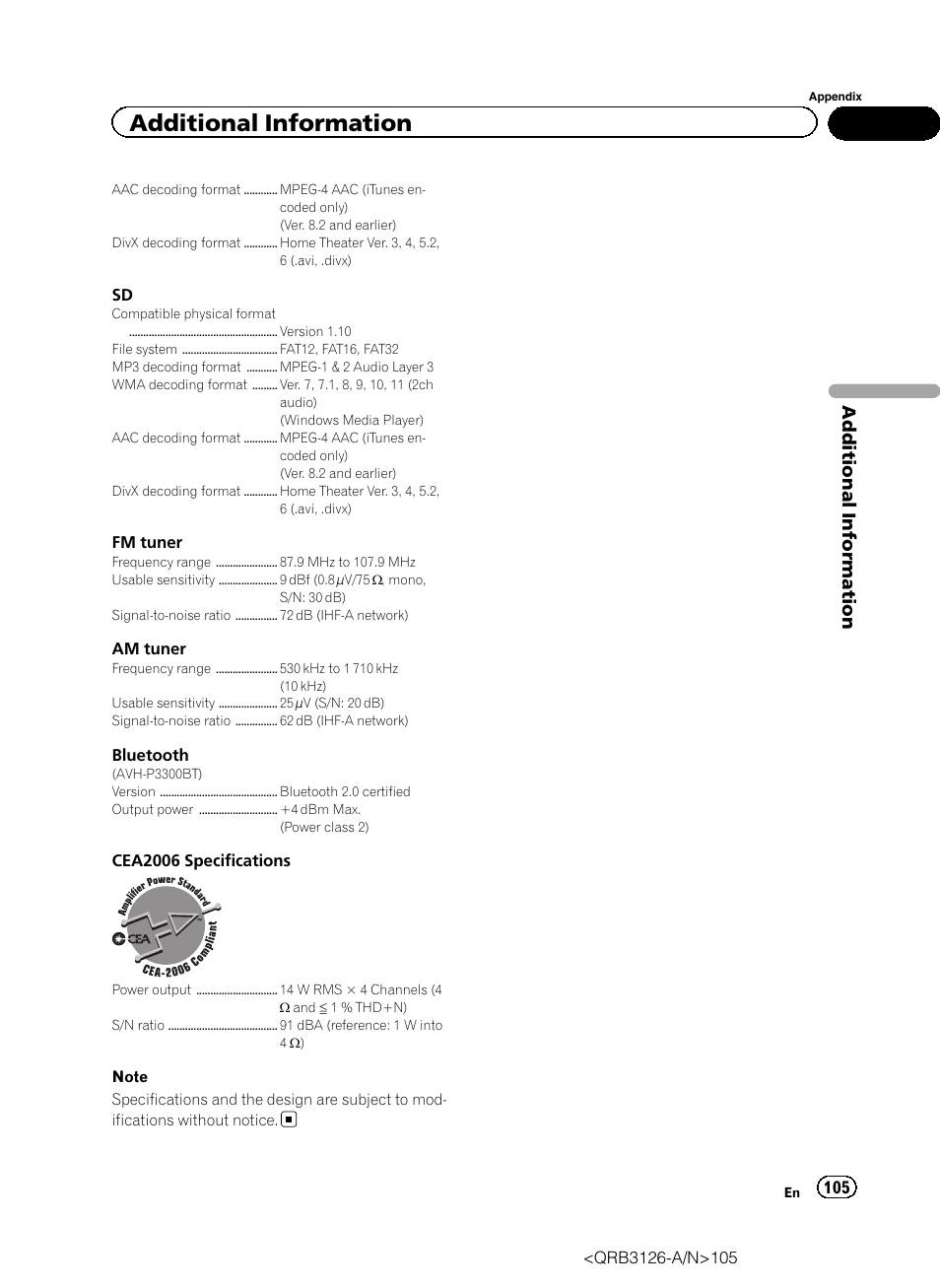 Additional information | Pioneer AVH-P3300BT User Manual | Page 105 / 112