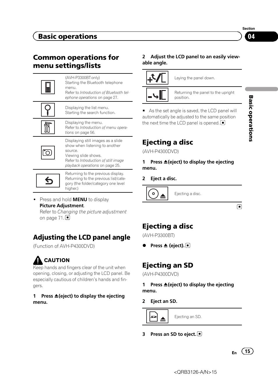 Common operations for menu settings, Lists, Adjusting the lcd panel angle | Ejecting a disc, Ejecting an sd, Common operations for menu settings/lists, Basic operations | Pioneer AVH-P3300BT User Manual | Page 15 / 112