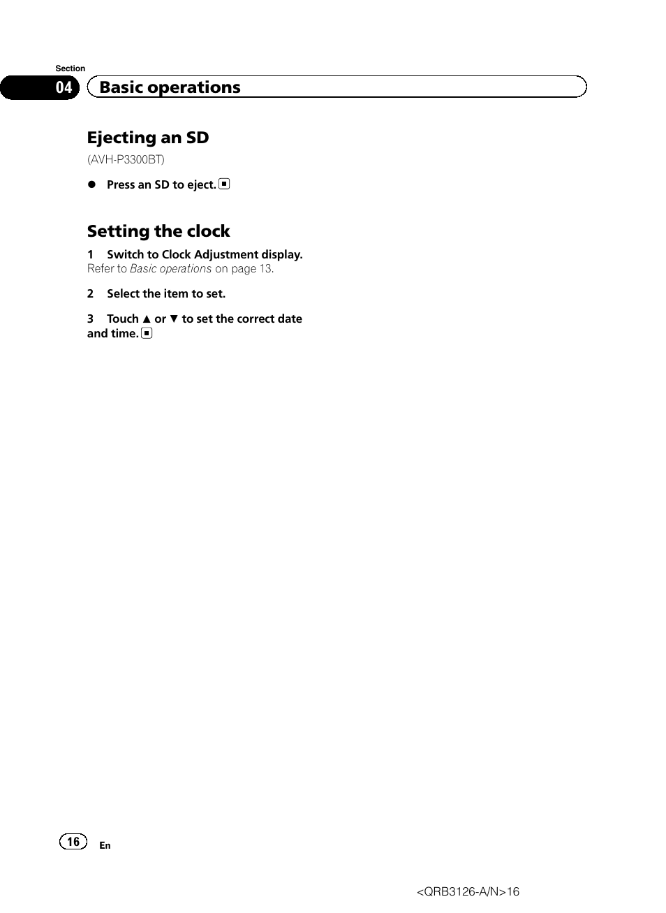 Ejecting an sd, Setting the clock, 04 basic operations | Pioneer AVH-P3300BT User Manual | Page 16 / 112