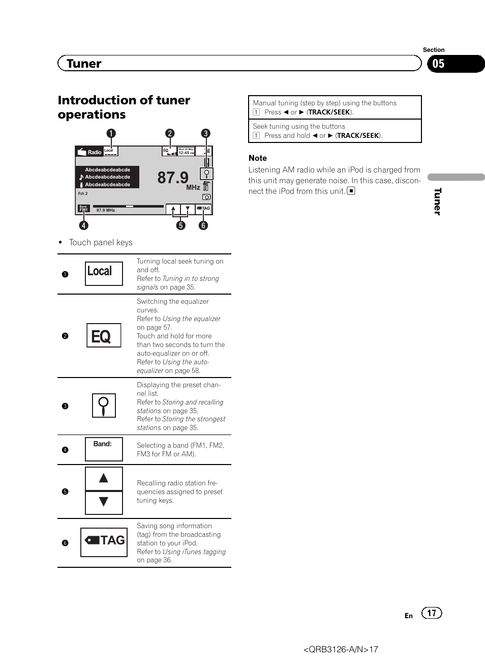 Tuner introduction of tuner operations, Introduction of tuner operations, Tuner | Pioneer AVH-P3300BT User Manual | Page 17 / 112