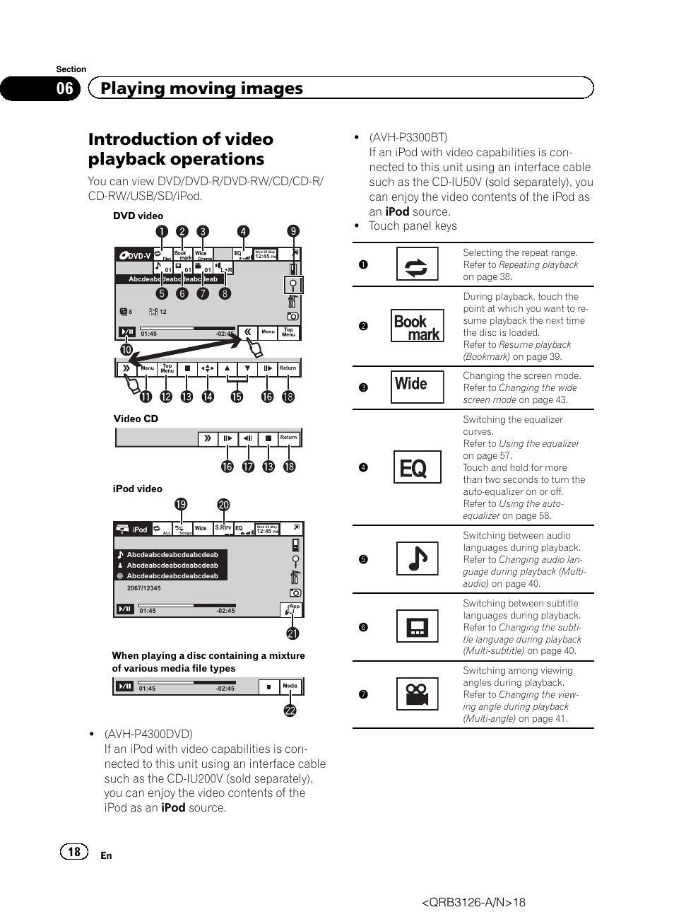 Operations, Introduction of video playback operations, 06 playing moving images | Pioneer AVH-P3300BT User Manual | Page 18 / 112