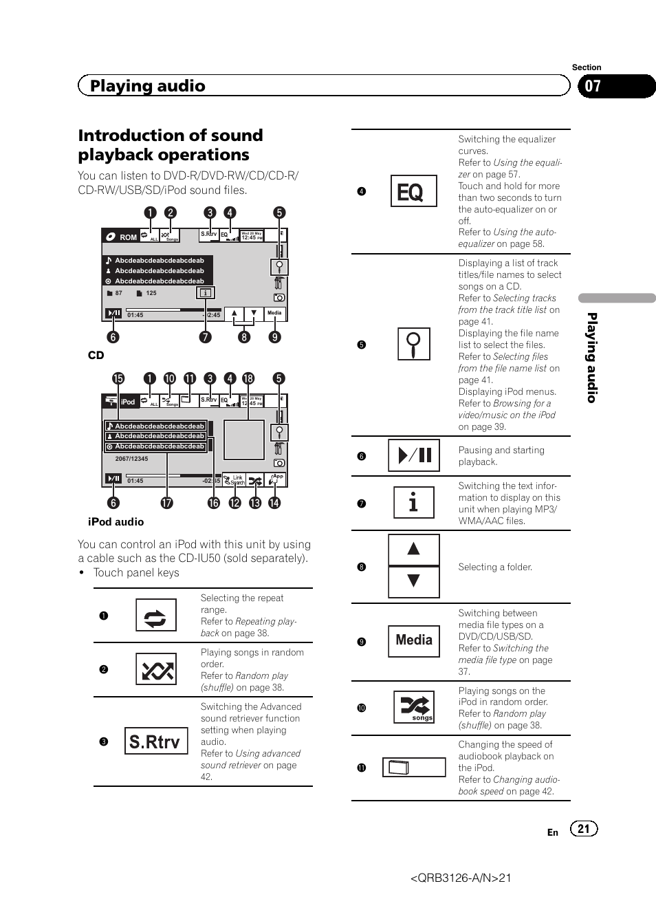 Playing audio introduction of sound playback, Operations, Introduction of sound playback operations | Playing audio | Pioneer AVH-P3300BT User Manual | Page 21 / 112