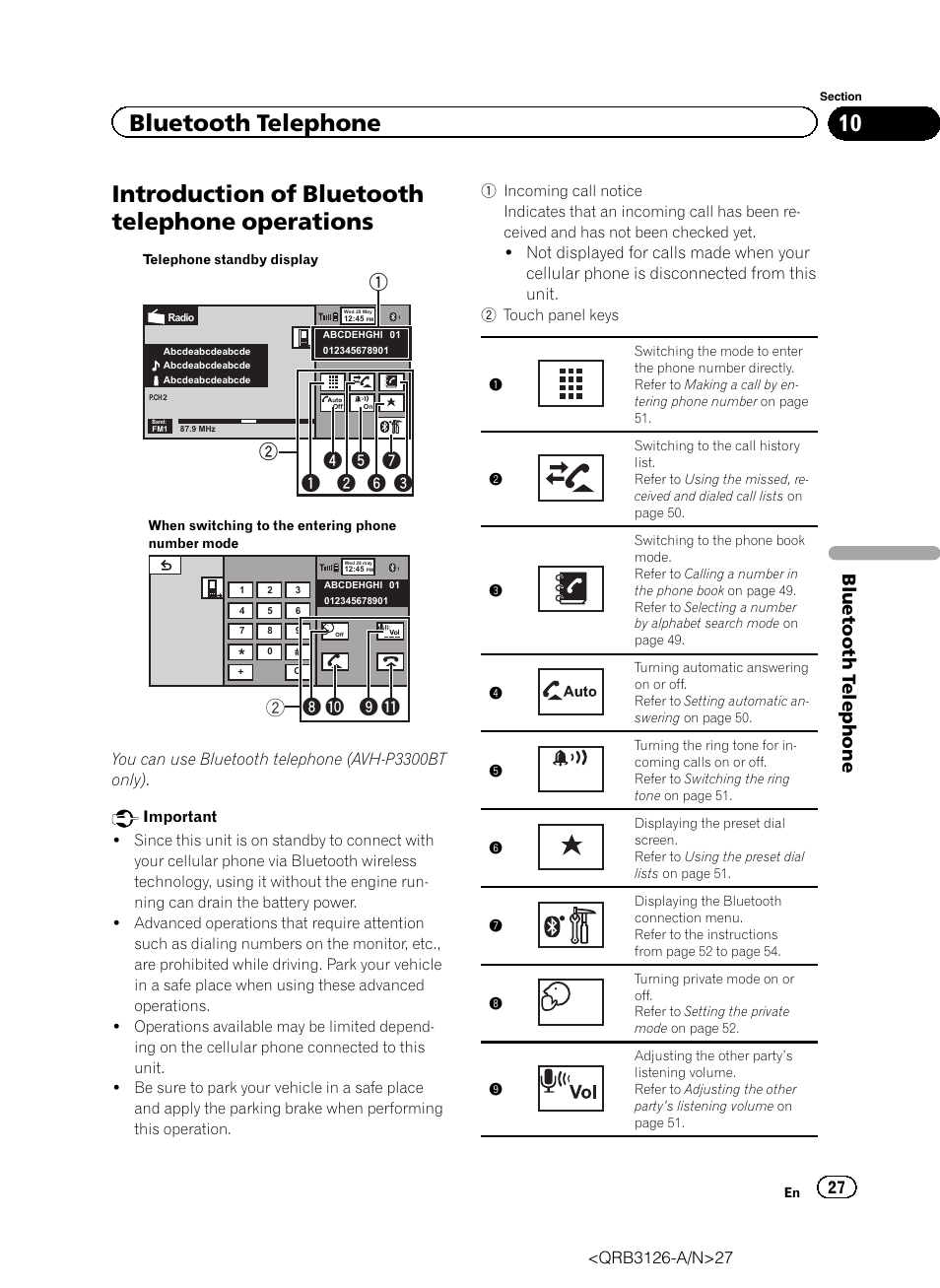 Operations, Introduction of bluetooth telephone operations, 8b a 9 2 | Bluetooth telephone | Pioneer AVH-P3300BT User Manual | Page 27 / 112