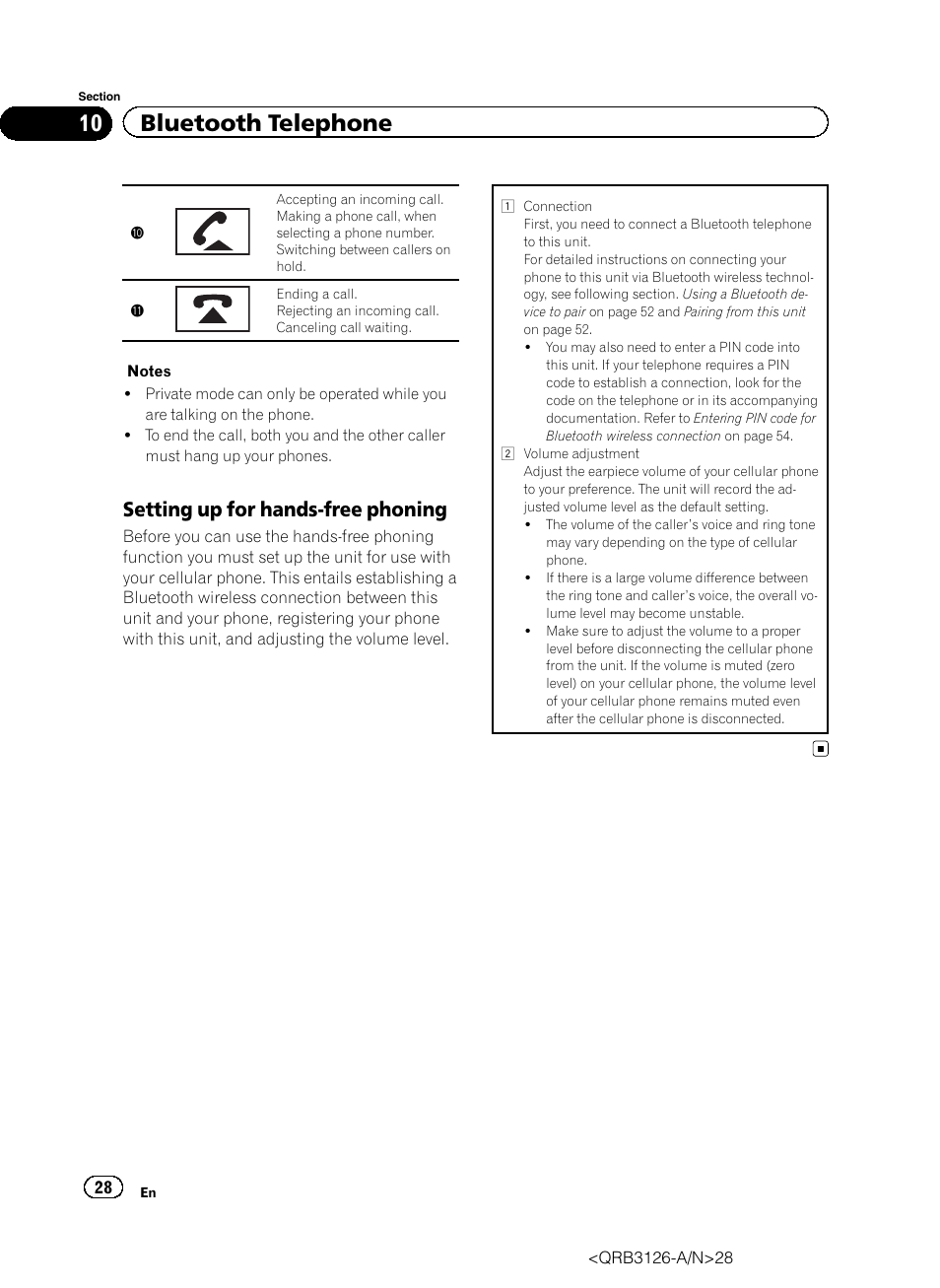 10 bluetooth telephone, Setting up for hands-free phoning | Pioneer AVH-P3300BT User Manual | Page 28 / 112